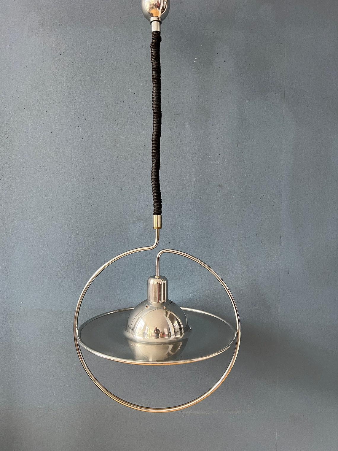 Mid Century UFO Pendant Lamp with Decorative Chrome Frame, 1970s For Sale 1