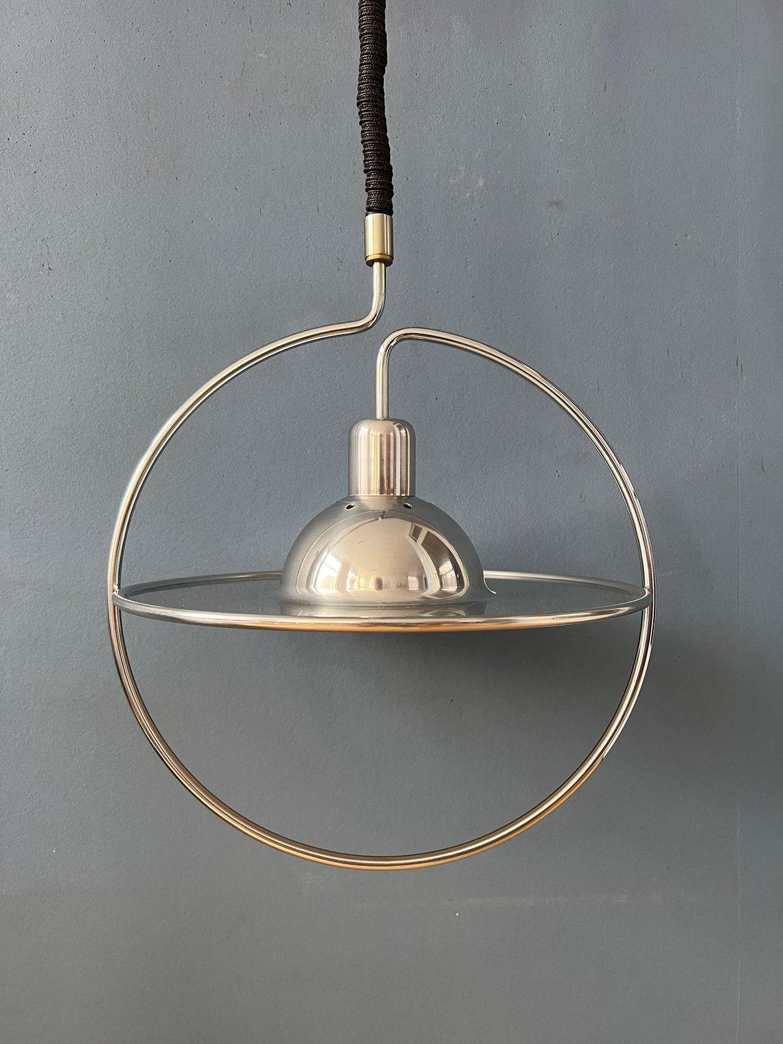 Mid Century UFO Pendant Lamp with Decorative Chrome Frame, 1970s For Sale 2
