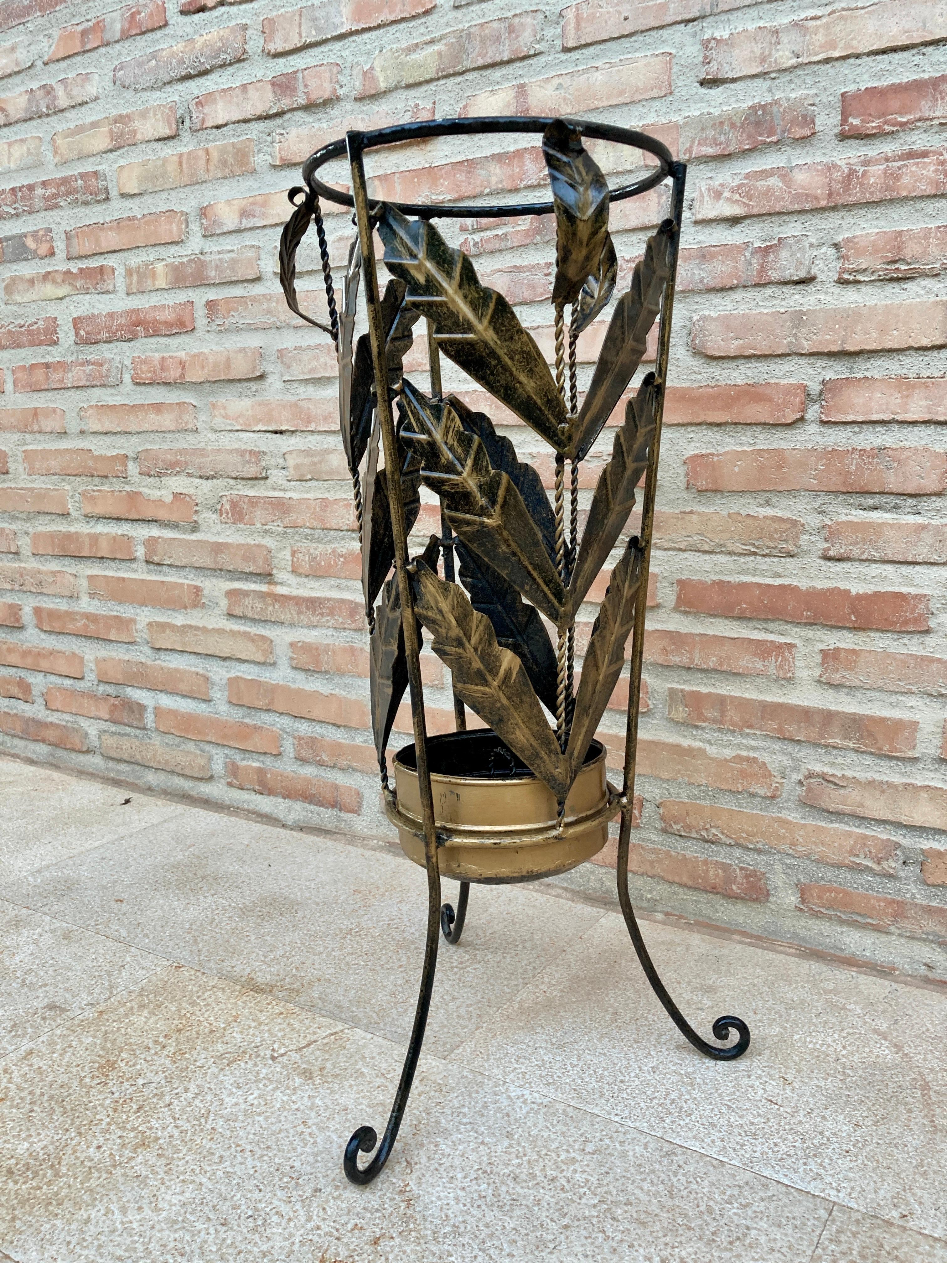 Spanish Mid Century Umbrella Stand Gilt Iron and Brass For Sale