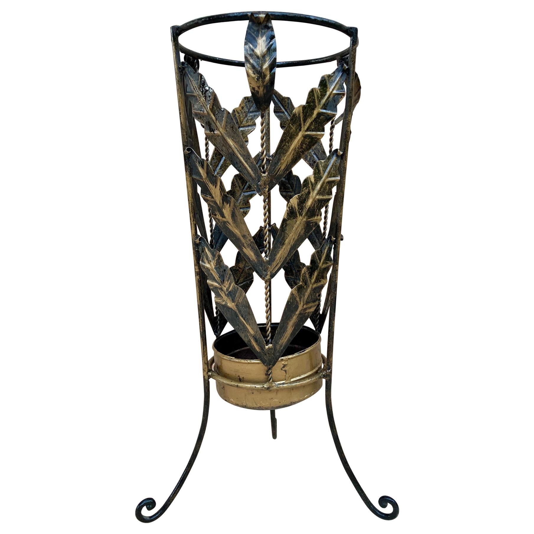 Mid Century Umbrella Stand Gilt Iron and Brass For Sale