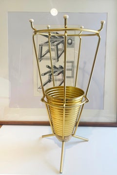 Mid Century Umbrella Stand Gold Metal Art Deco Style, 3 legged, 1960s, Germany