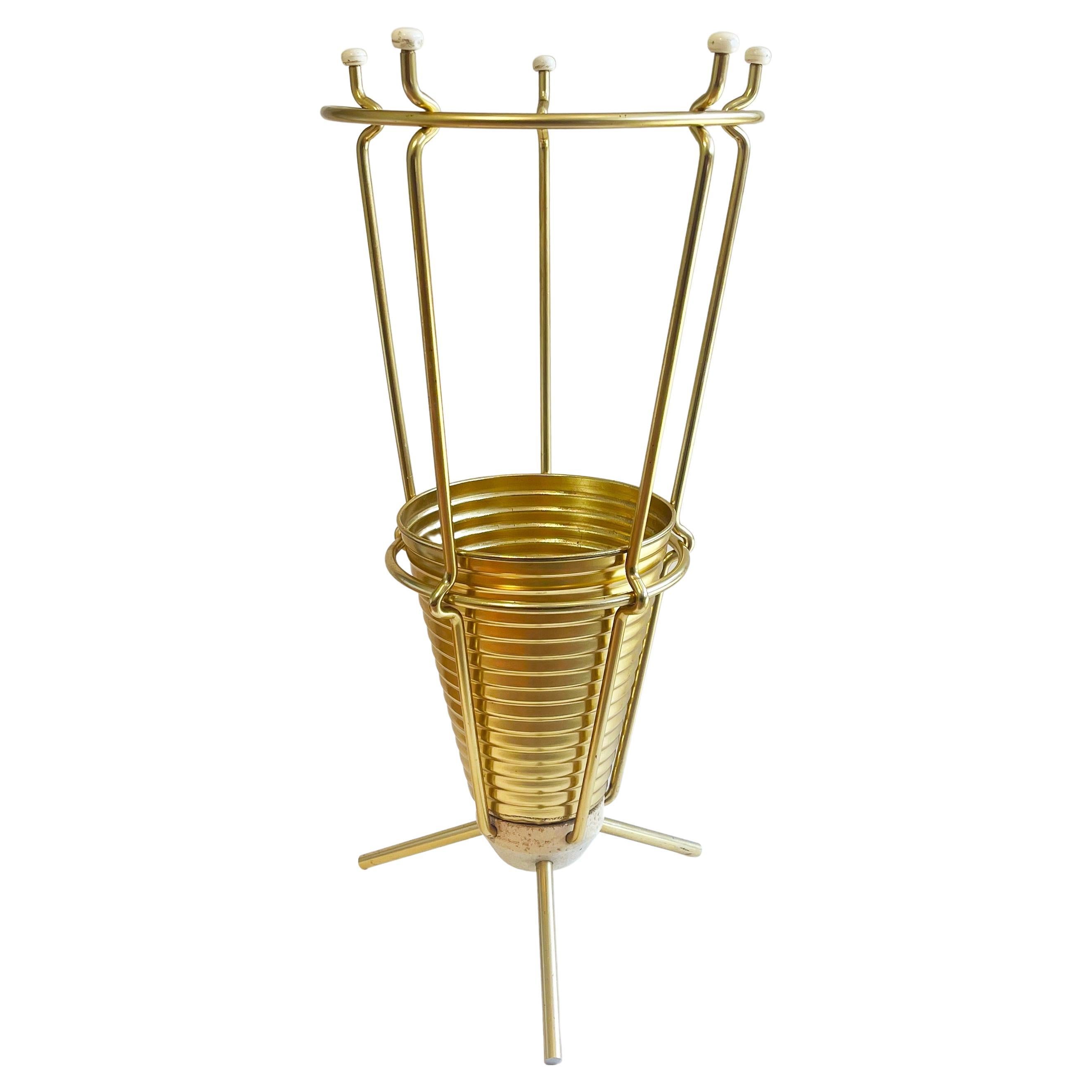 Mid Century Umbrella Stand Gold Metal Art Deco Style, 3 legged, 1960s, Germany For Sale