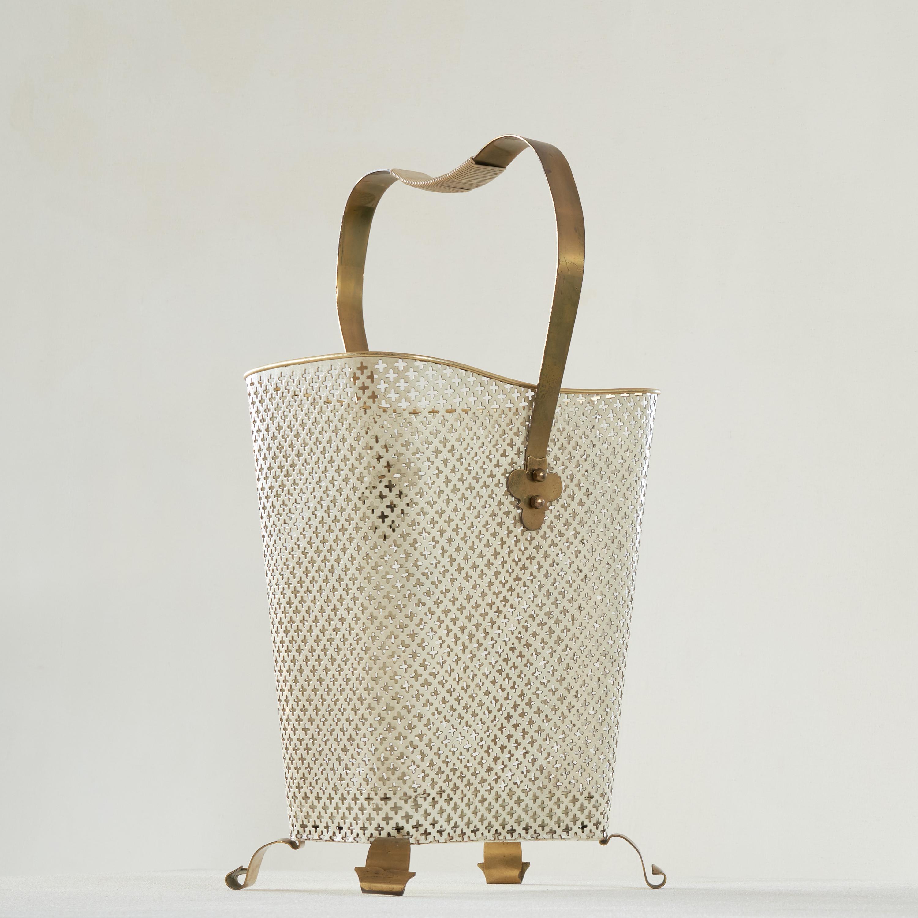 Hand-Crafted Mid Century Umbrella Stand in Patinated Brass and Perforated Metal 1950s For Sale