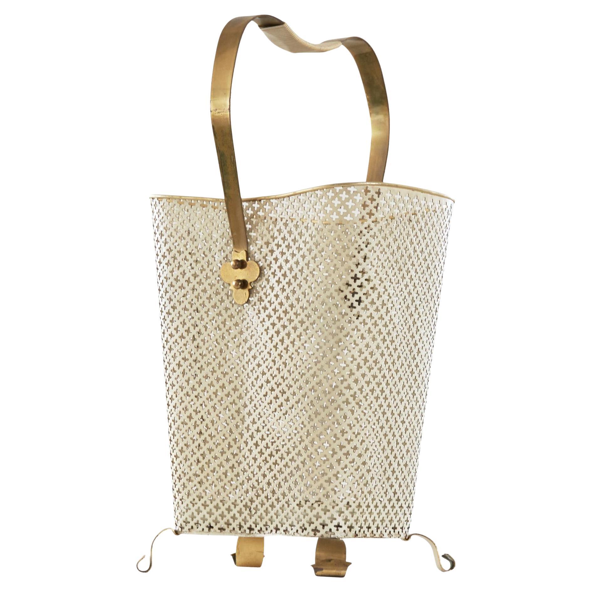 Mid Century Umbrella Stand in Patinated Brass and Perforated Metal 1950s