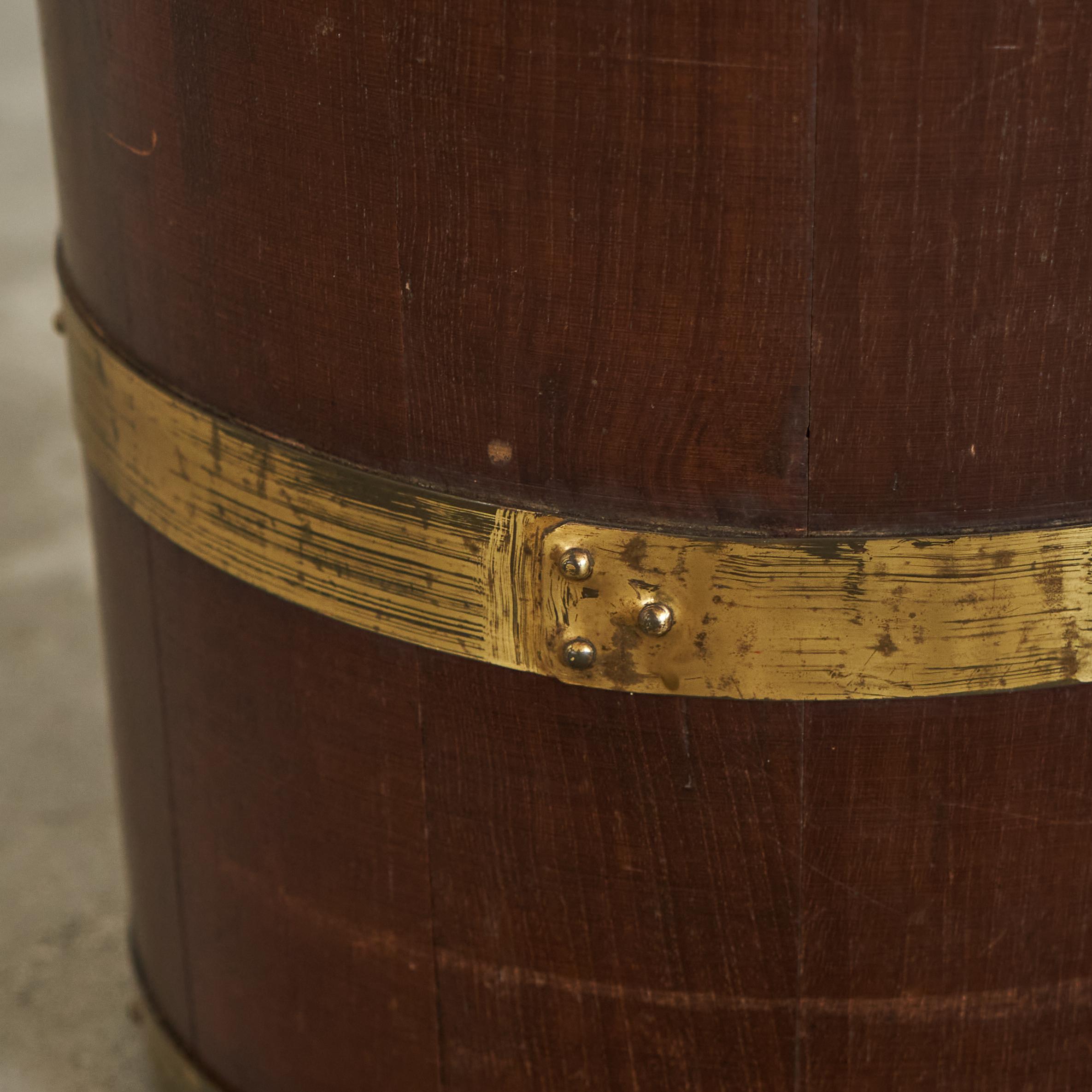 European Mid Century Umbrella Stand in Solid Wood and Patinated Brass