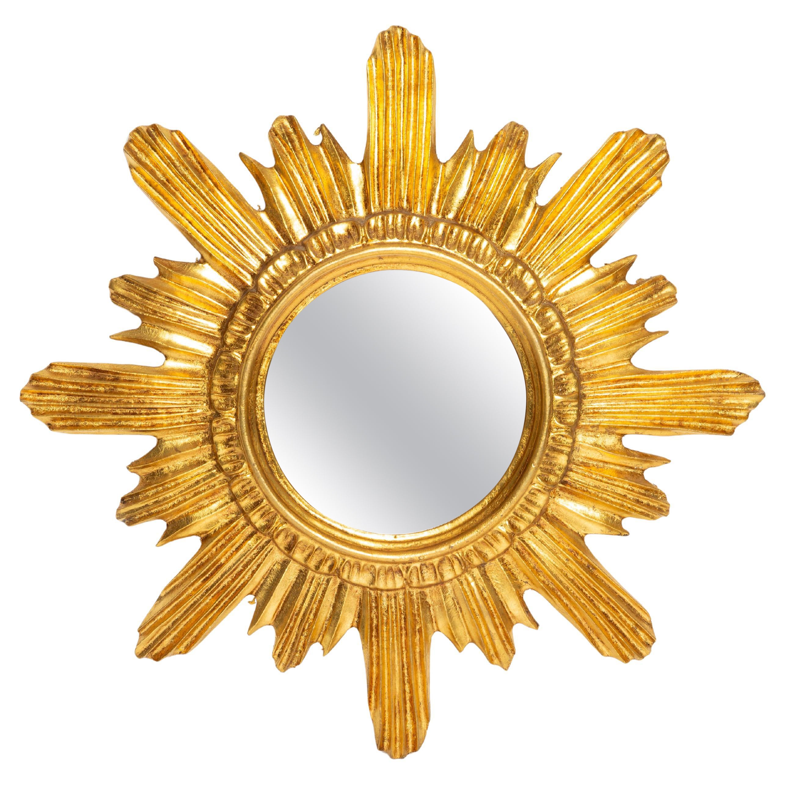 Mid Century Unique Modern Gold Italian Sunburst Medium Mirror, Giltwood, 1960s