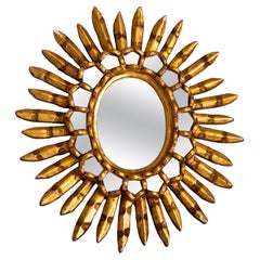 Miroir en forme de soleil italien doré, bois doré, 1960s