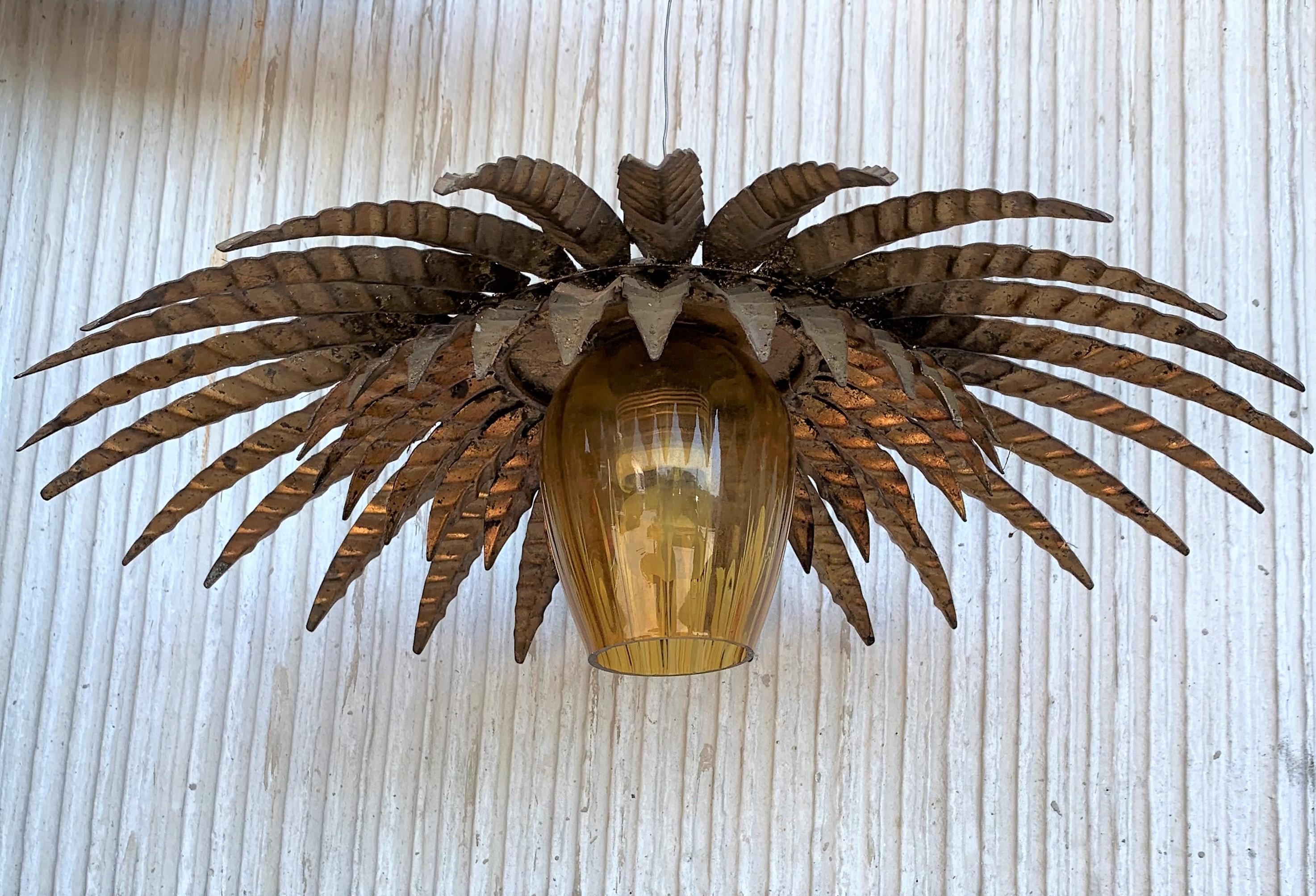 Midcentury Unusual Sunburst Ceiling Metal Fixture with Glass Tulip In Good Condition In Miami, FL