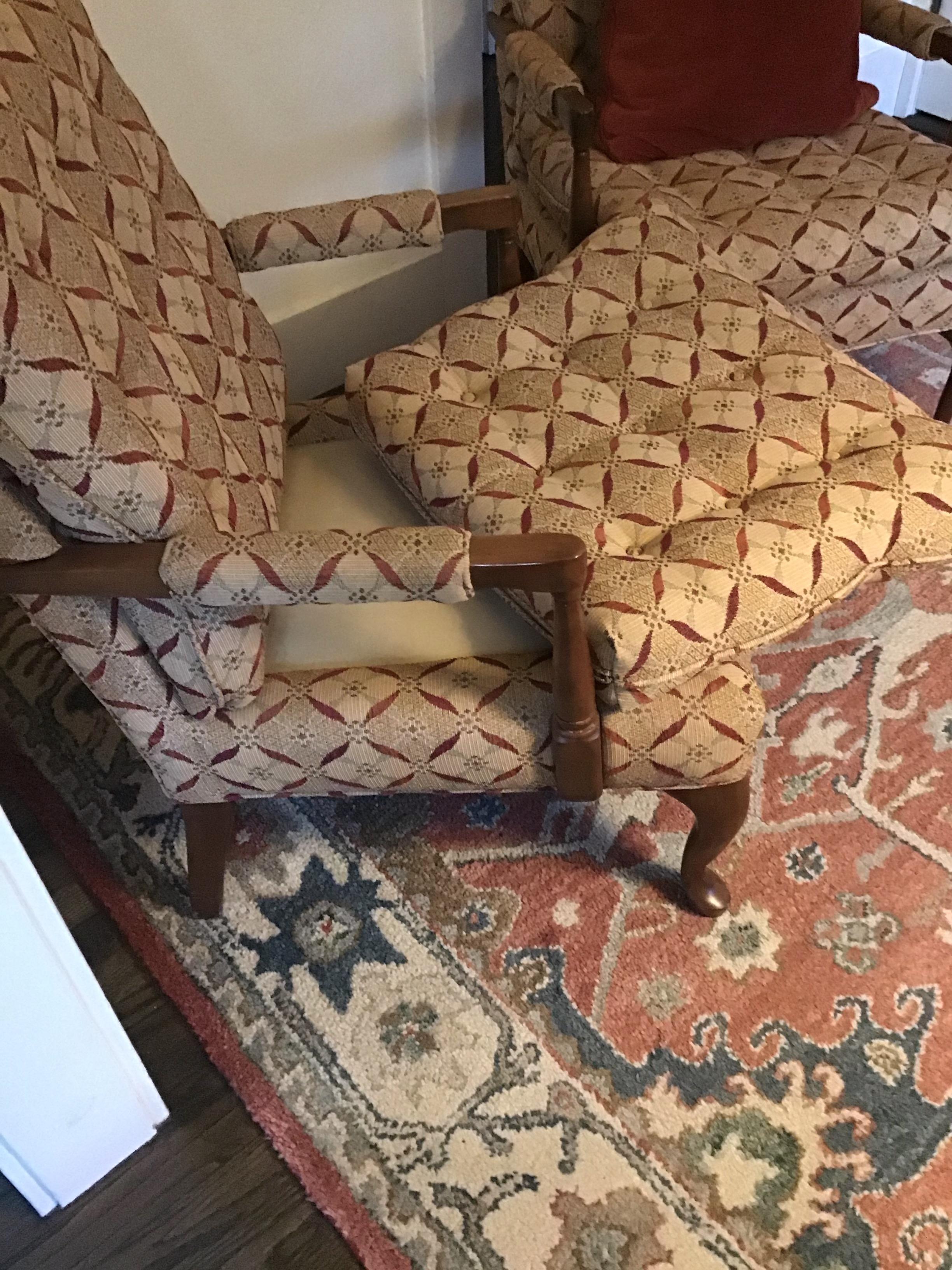 Arm Chairs Queen Anne Style Upholstered Armchair Pair In Good Condition In East Hampton, NY