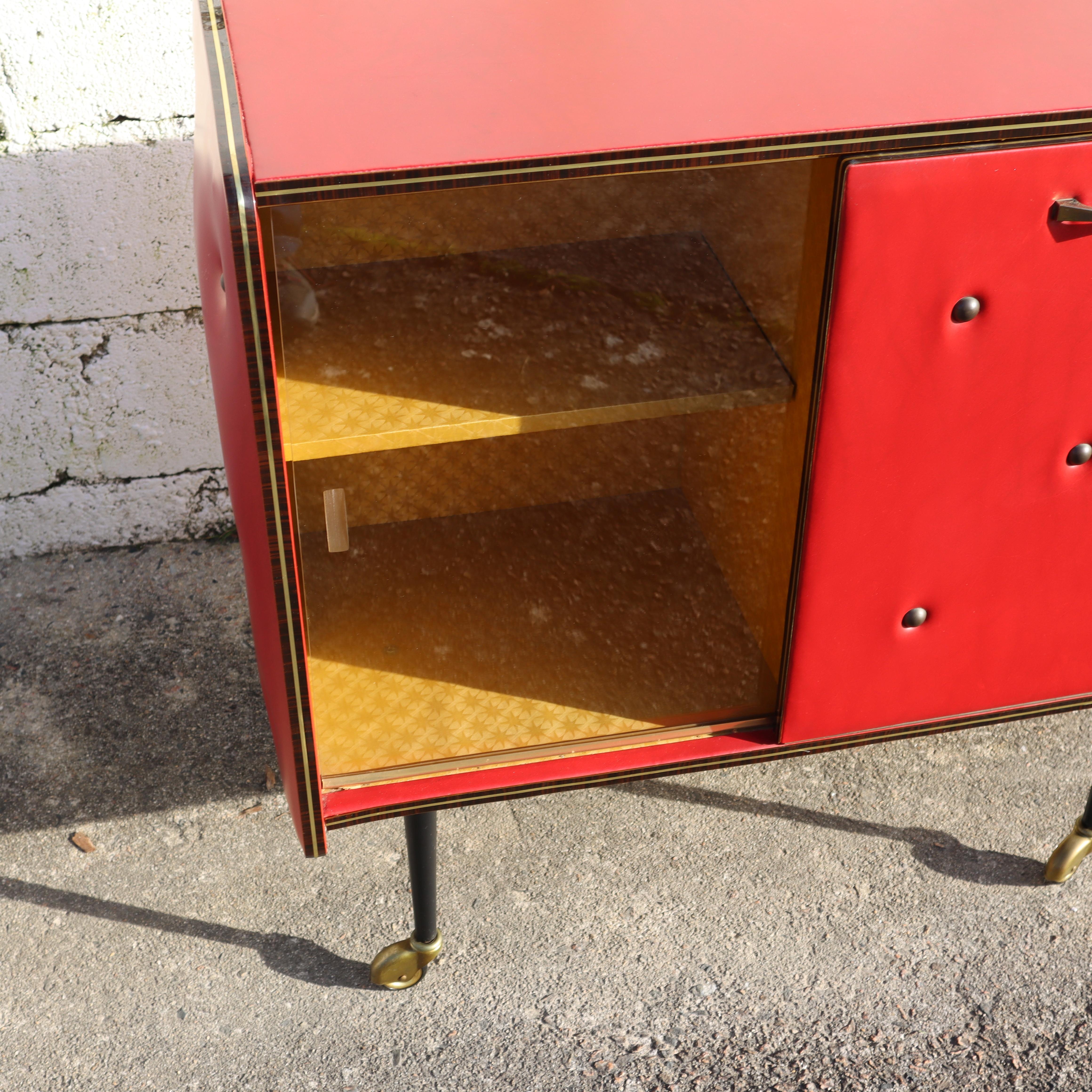 Mid-Century Upholstered BarTrolley - Red Skai Leather Bar Cabinet-50s 3