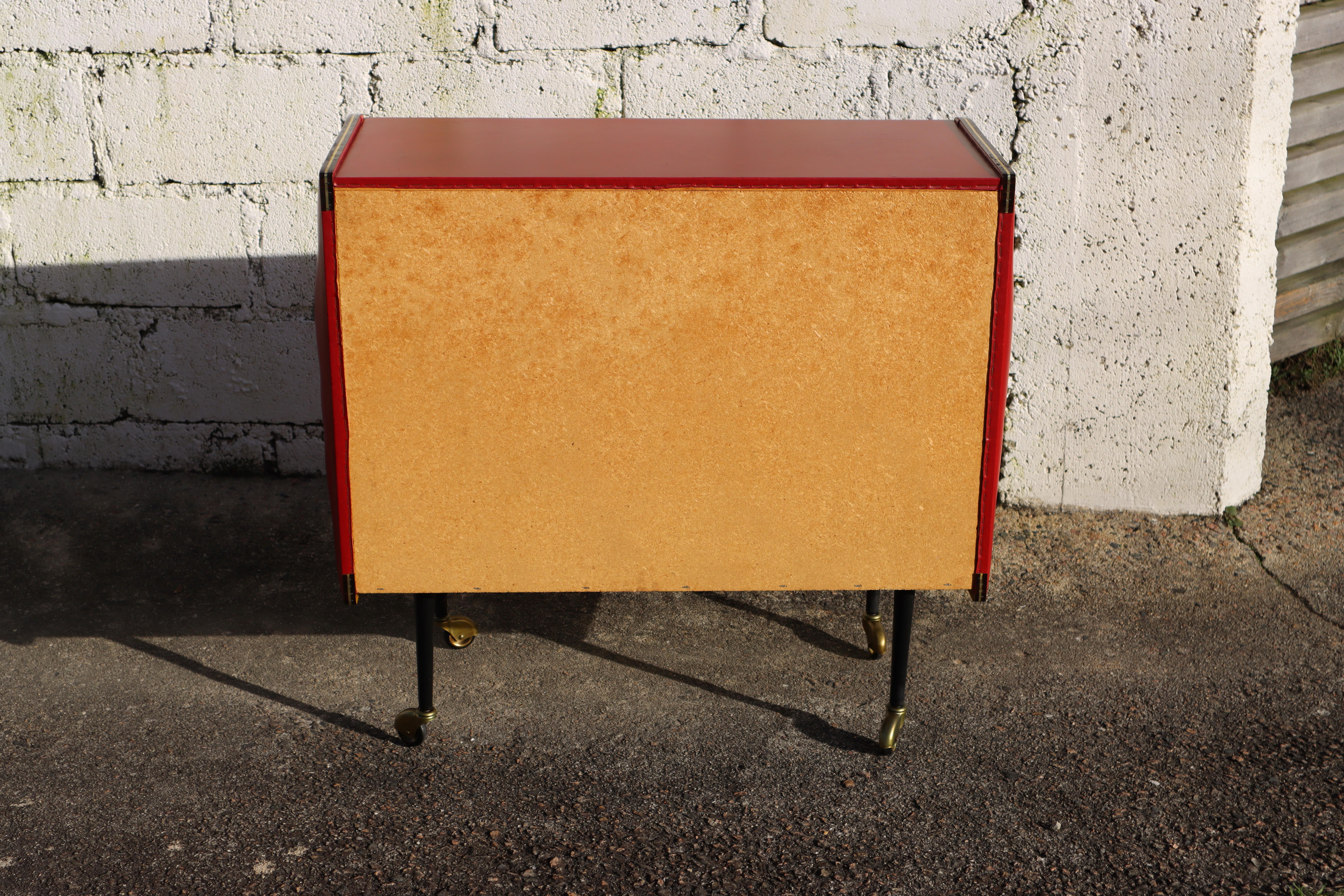Mid-Century Upholstered BarTrolley - Red Skai Leather Bar Cabinet-50s 10
