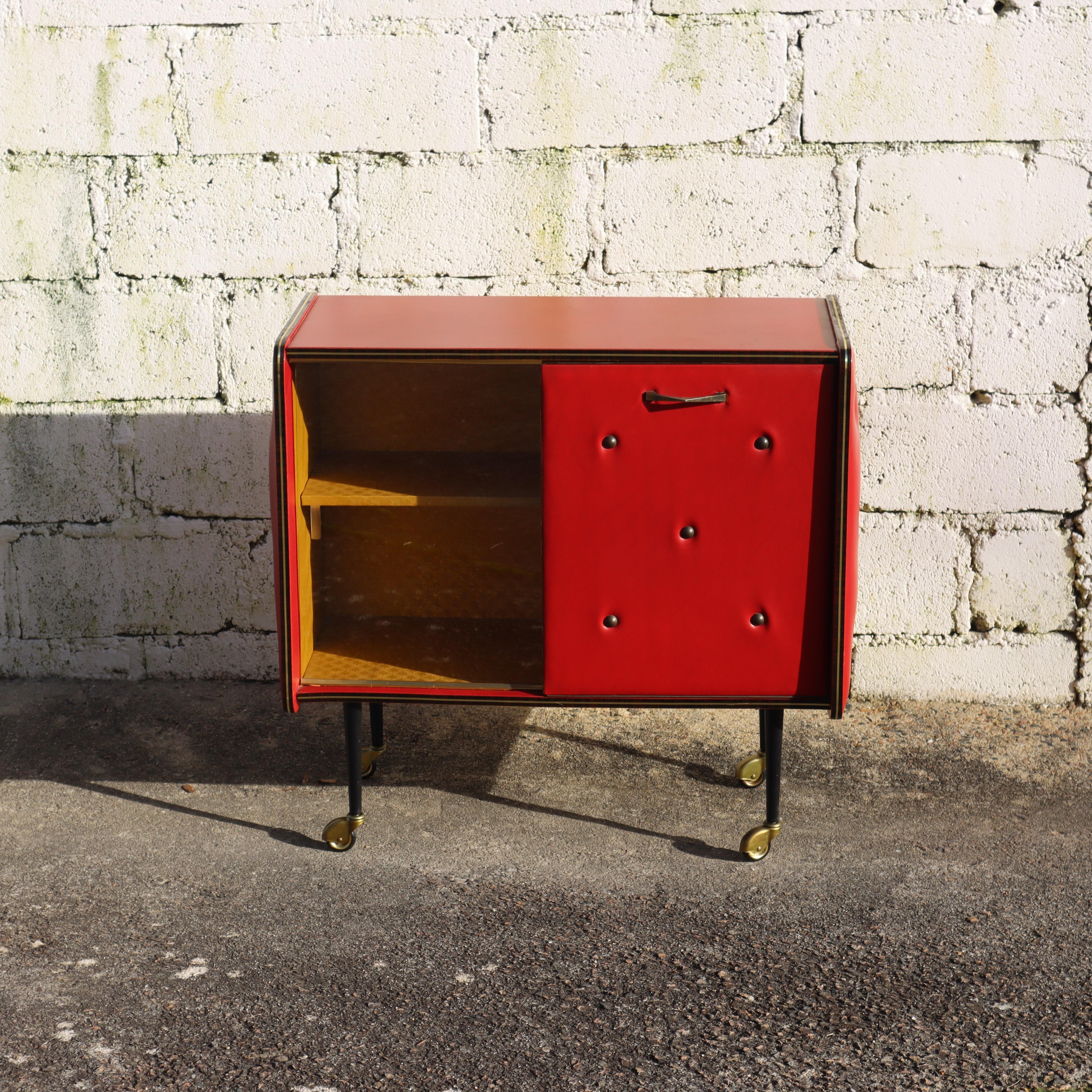 Mid-Century Modern Mid-Century Upholstered BarTrolley - Red Skai Leather Bar Cabinet-50s