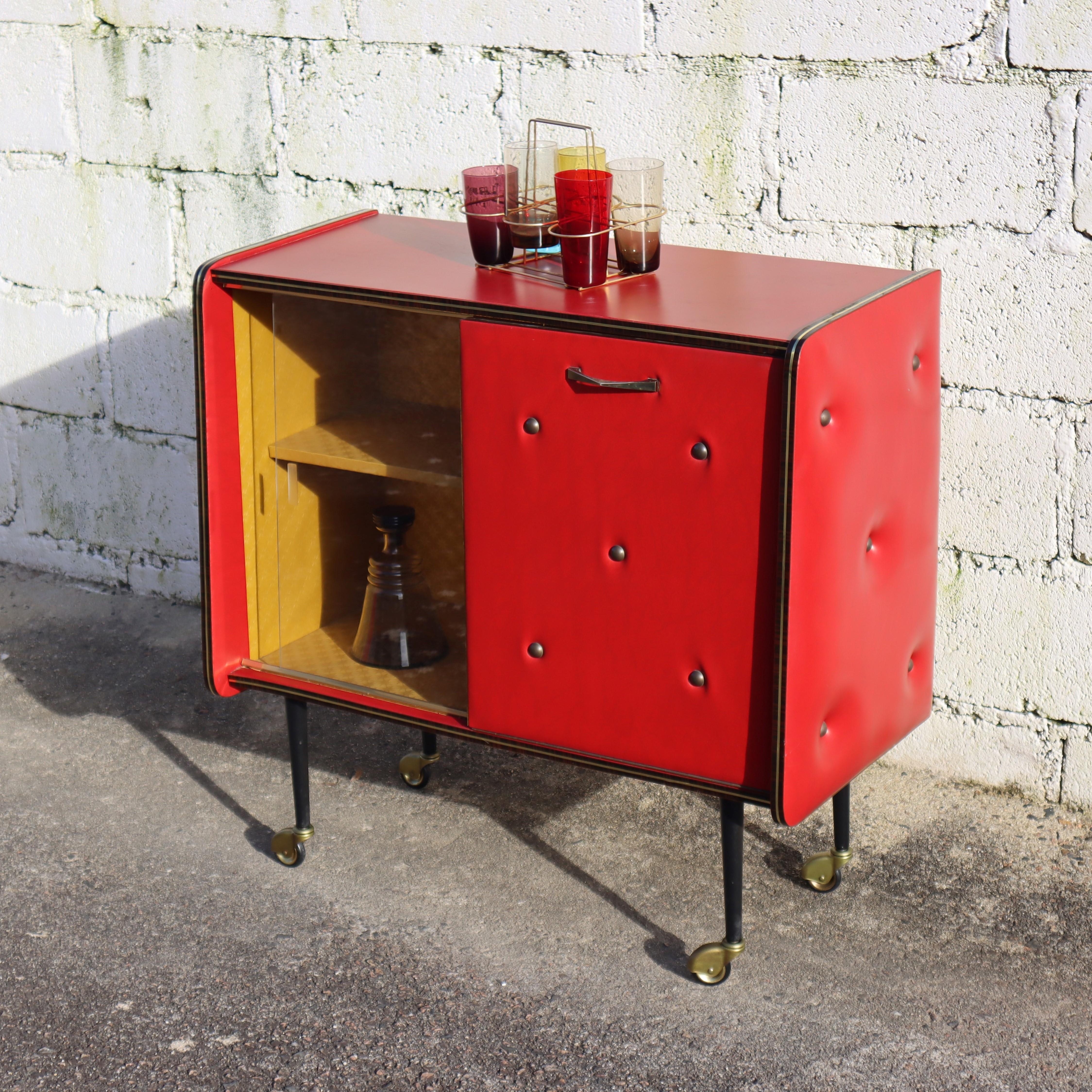 French Mid-Century Upholstered BarTrolley - Red Skai Leather Bar Cabinet-50s