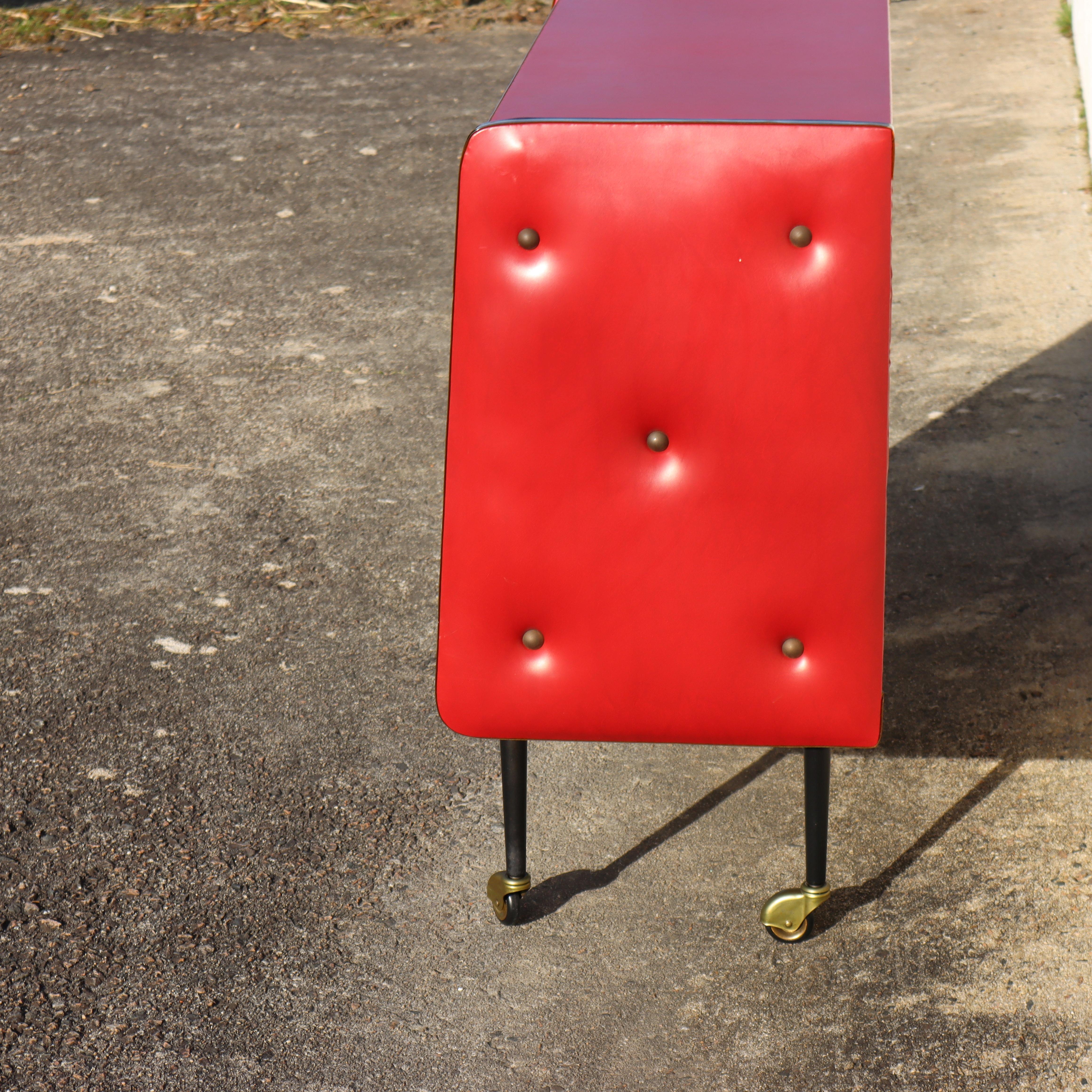 Faux Leather Mid-Century Upholstered BarTrolley - Red Skai Leather Bar Cabinet-50s
