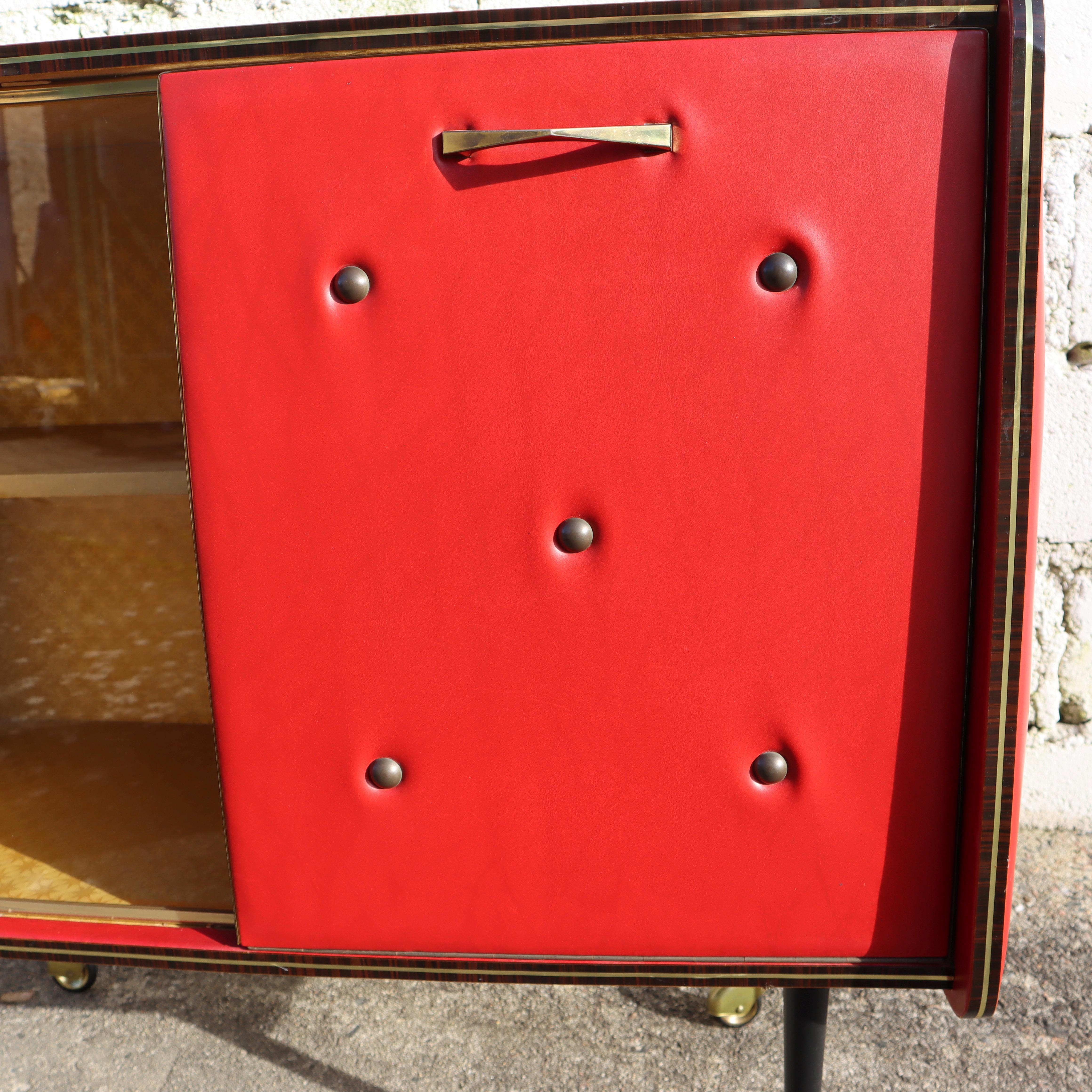 Mid-Century Upholstered BarTrolley - Red Skai Leather Bar Cabinet-50s 1