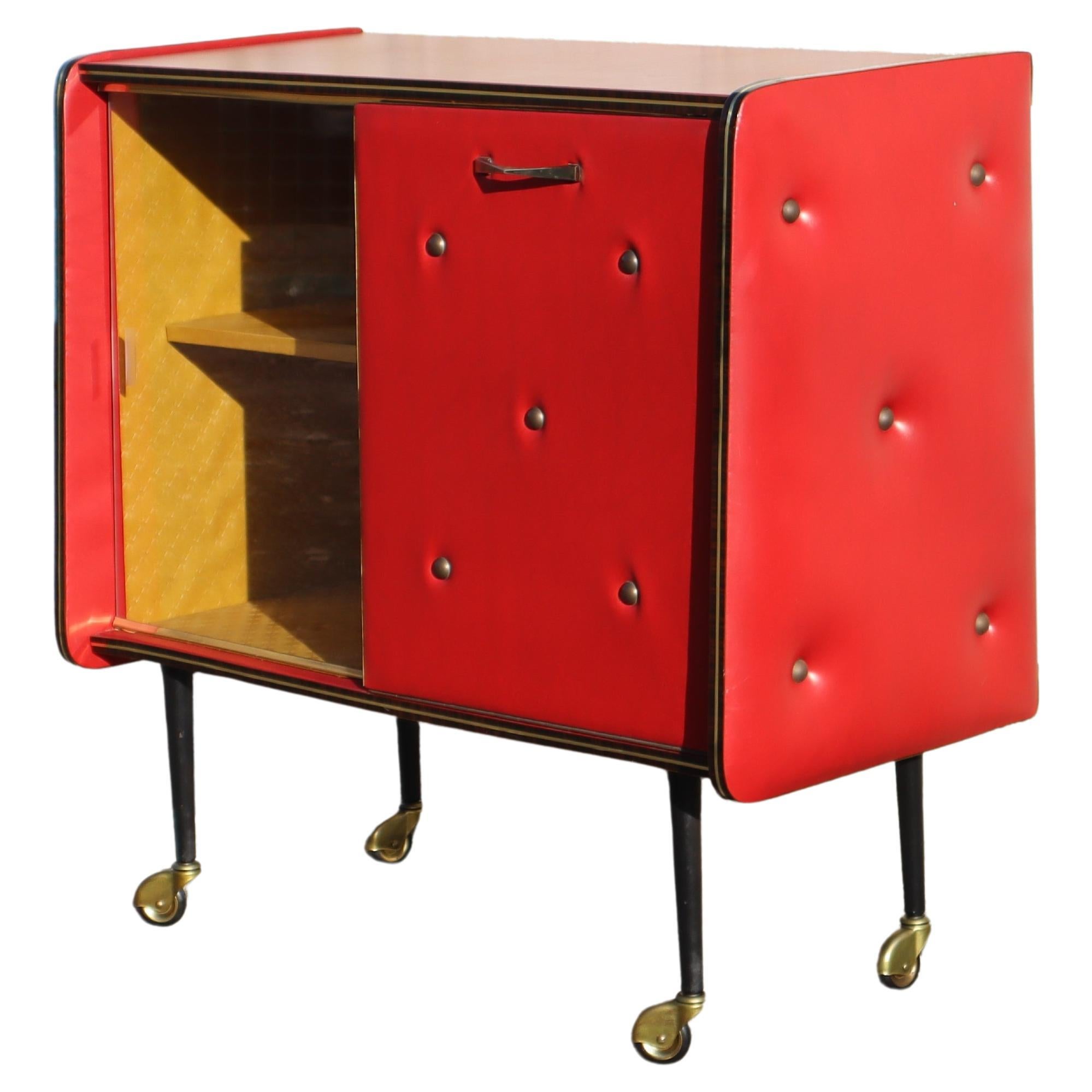 Mid-Century Upholstered BarTrolley - Red Skai Leather Bar Cabinet-50s