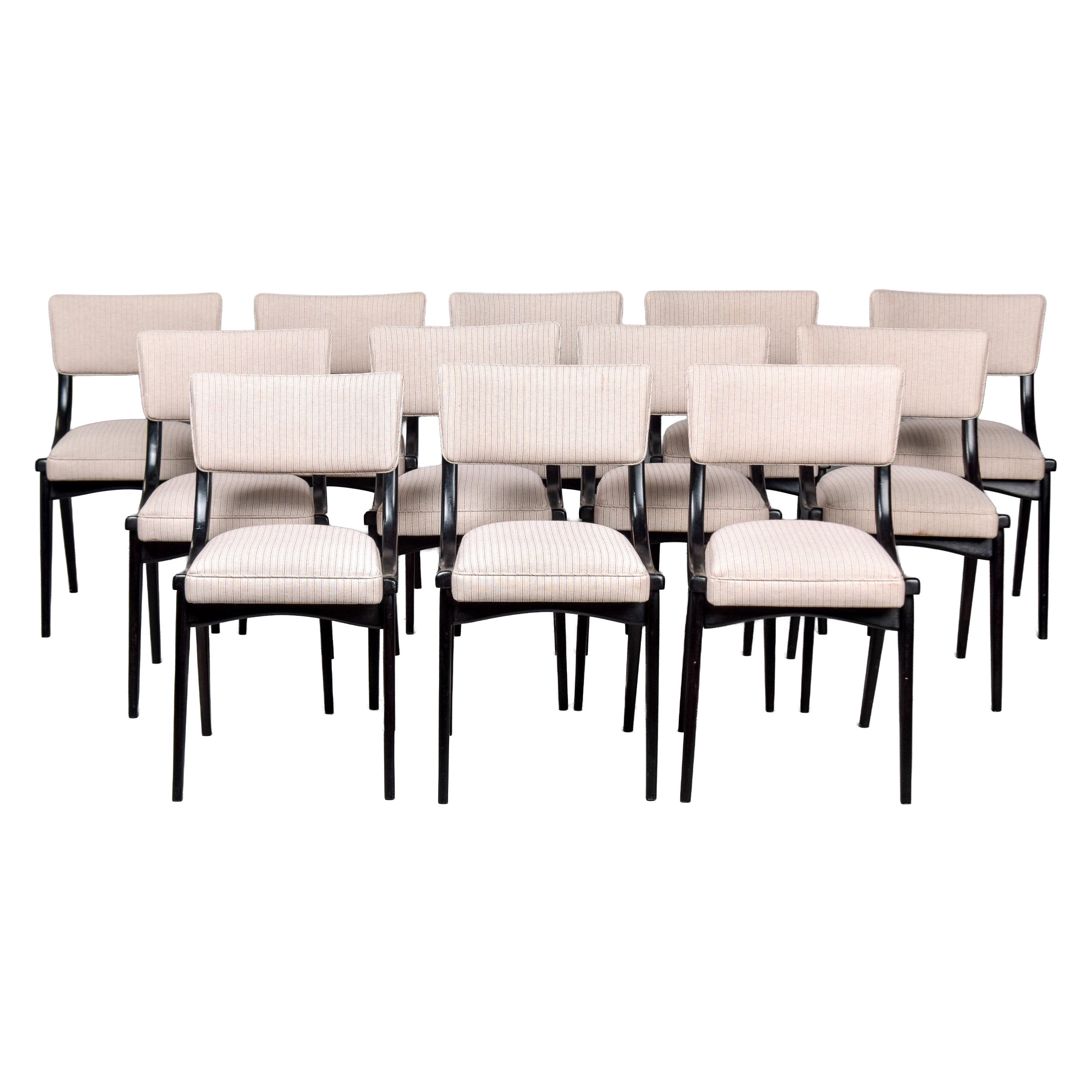 Mid Century Upholstered English Klismos Dining Chairs with Black Frames - Set 12 For Sale
