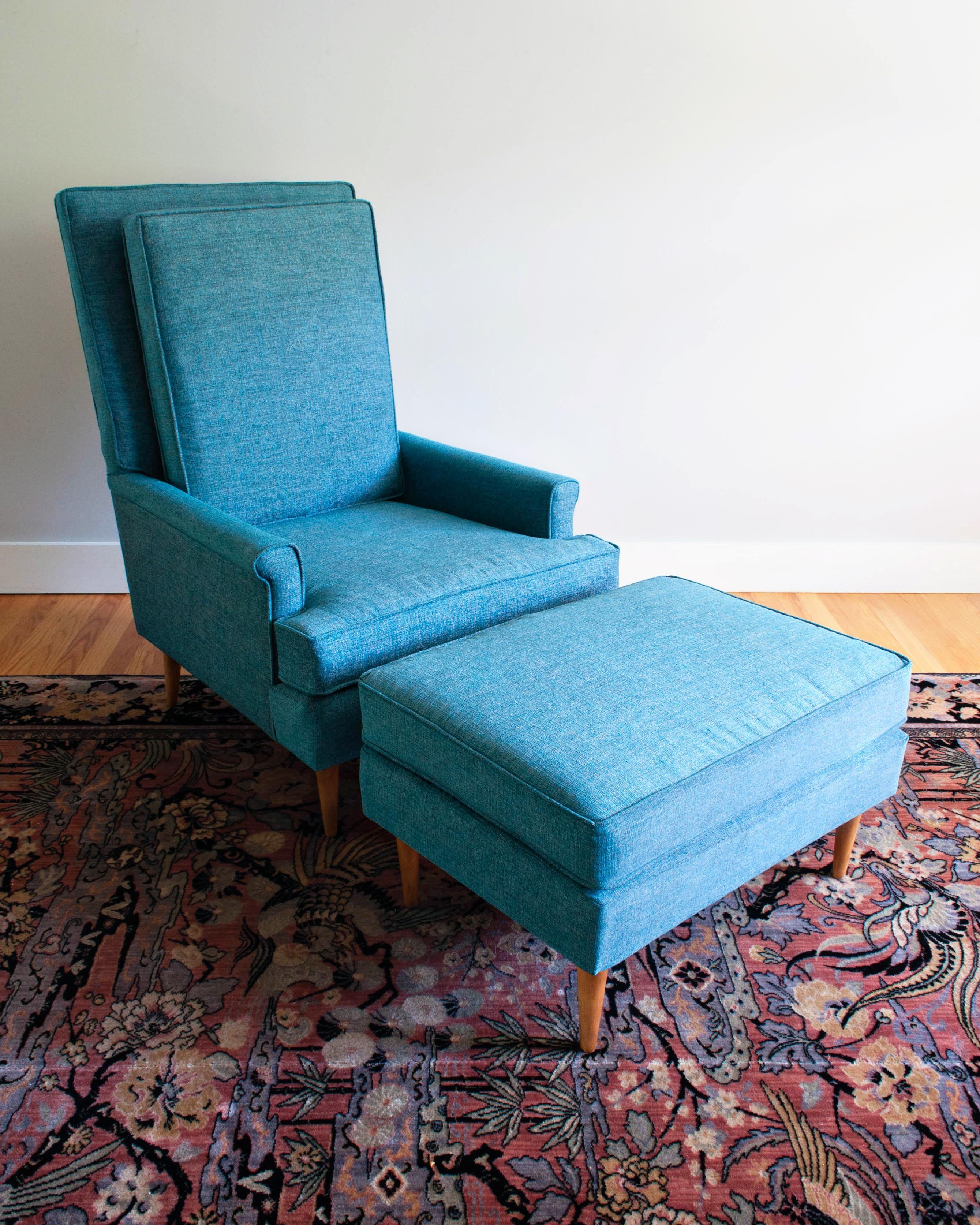 Midcentury chair and ottoman in the style of Paul McCobb. It has been completely restored with all brand new foam and heavy grade Crypton upholstery fabric in a period appropriate aqua blue. (Durability 50,000 rubs.).
    