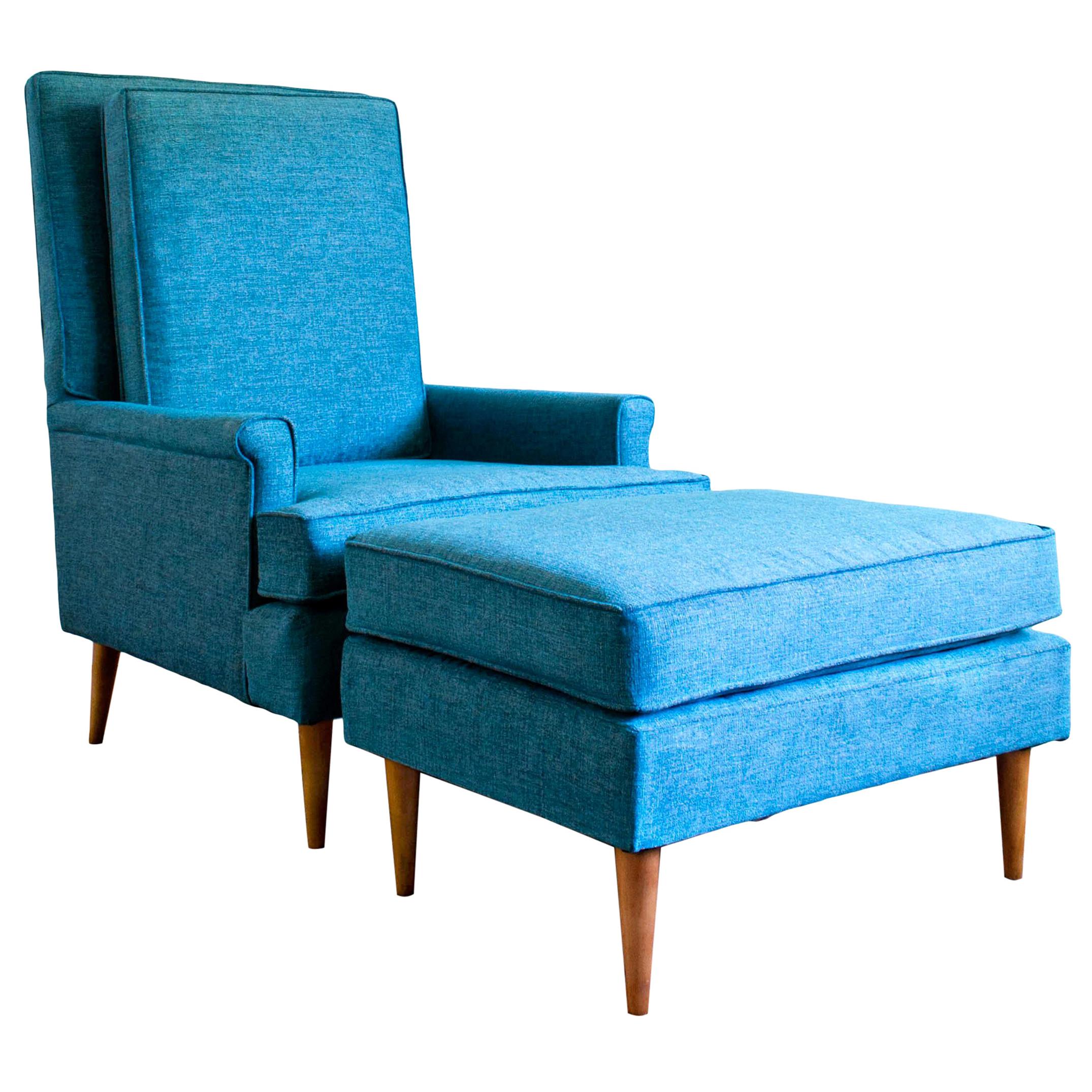 Midcentury Upholstered Highback Chair and Ottoman For Sale