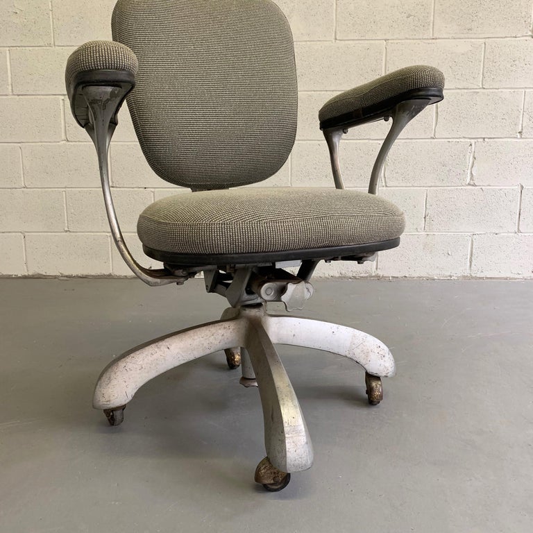 Midcentury Upholstered Steel Frame Rolling Office Armchair For Sale at
