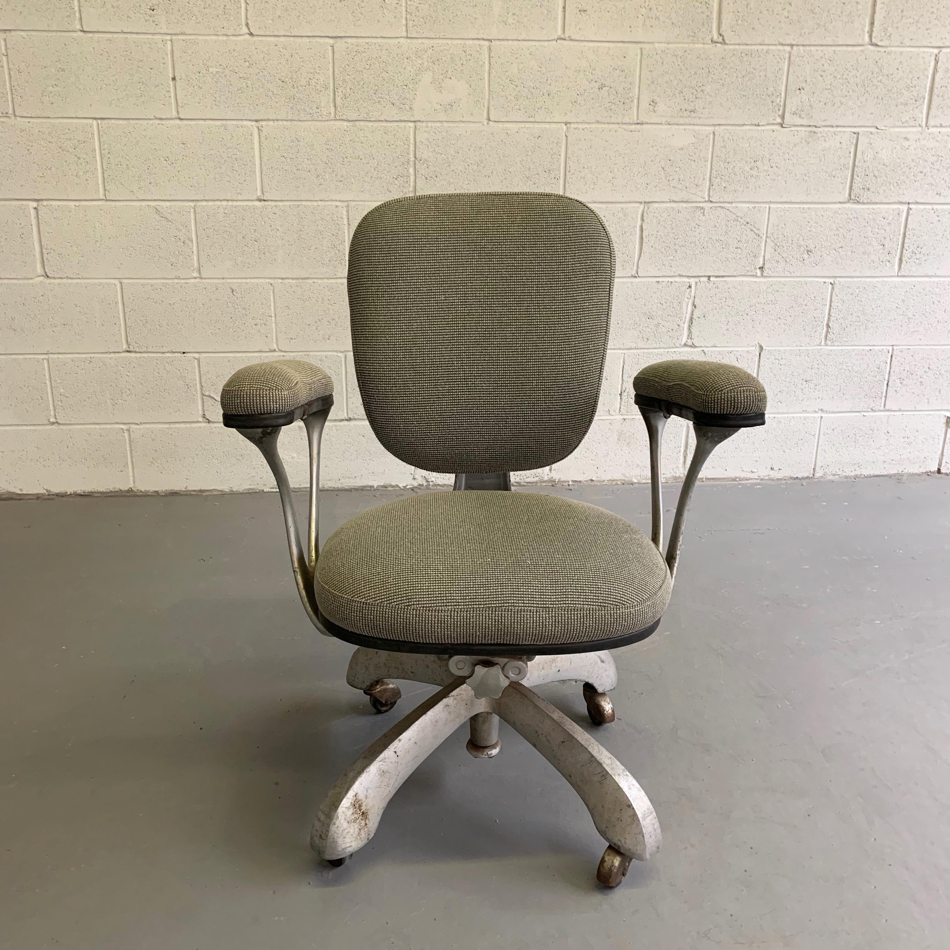 20th Century Midcentury Upholstered Steel Frame Rolling Office Armchair For Sale