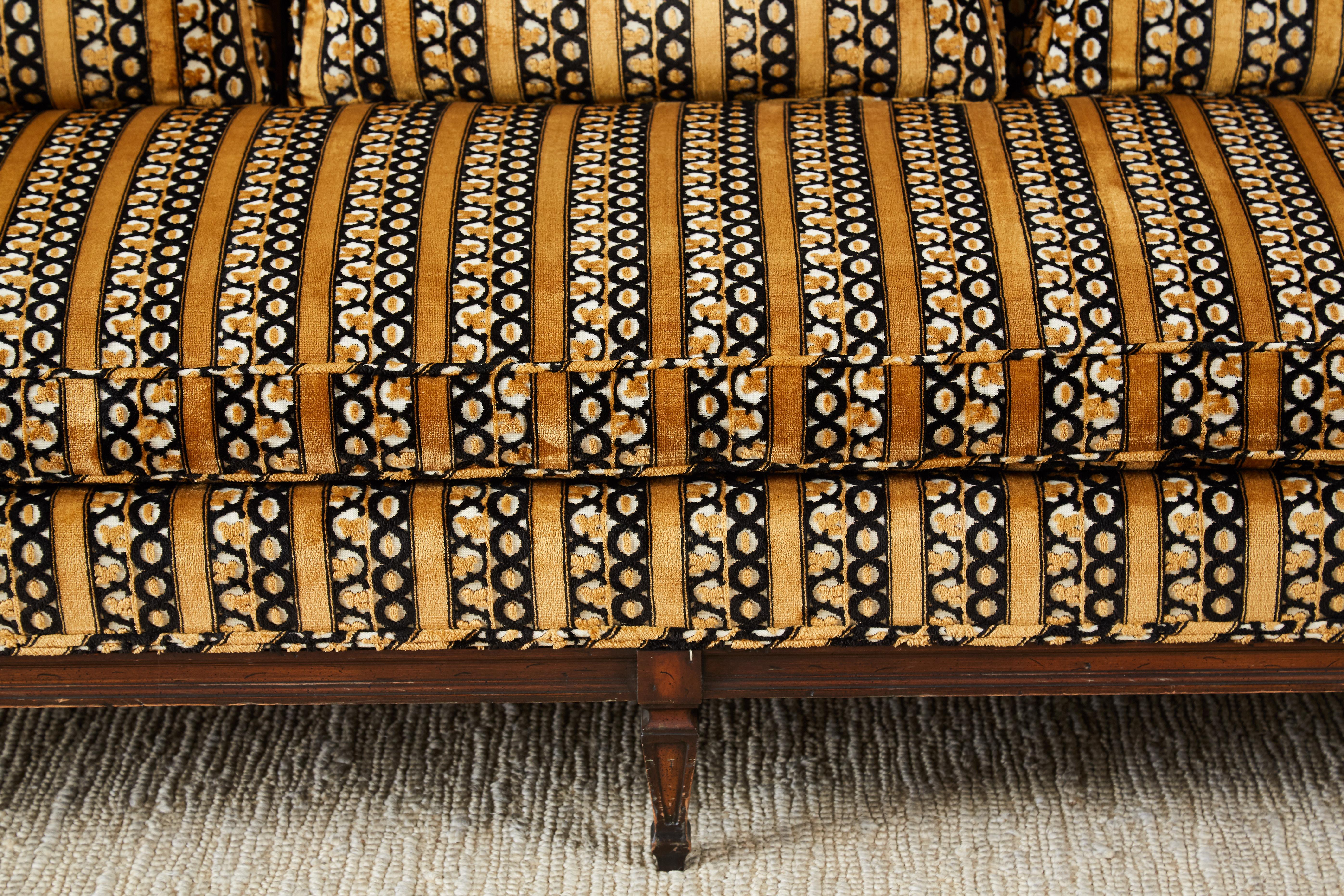 American Dunbar Midcentury Upholstered Walnut Three-Seat Sofa