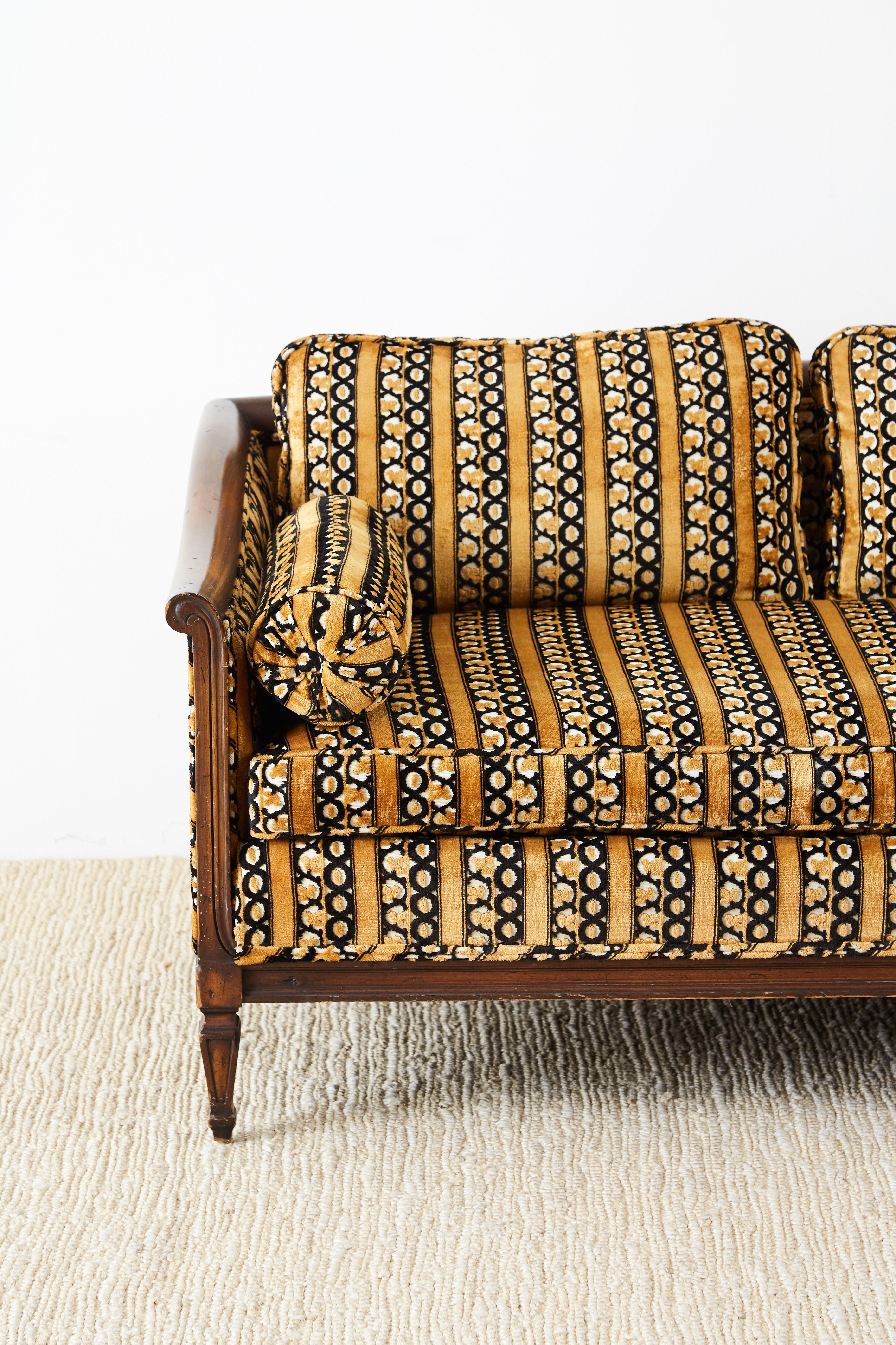 Hand-Crafted Dunbar Midcentury Upholstered Walnut Three-Seat Sofa