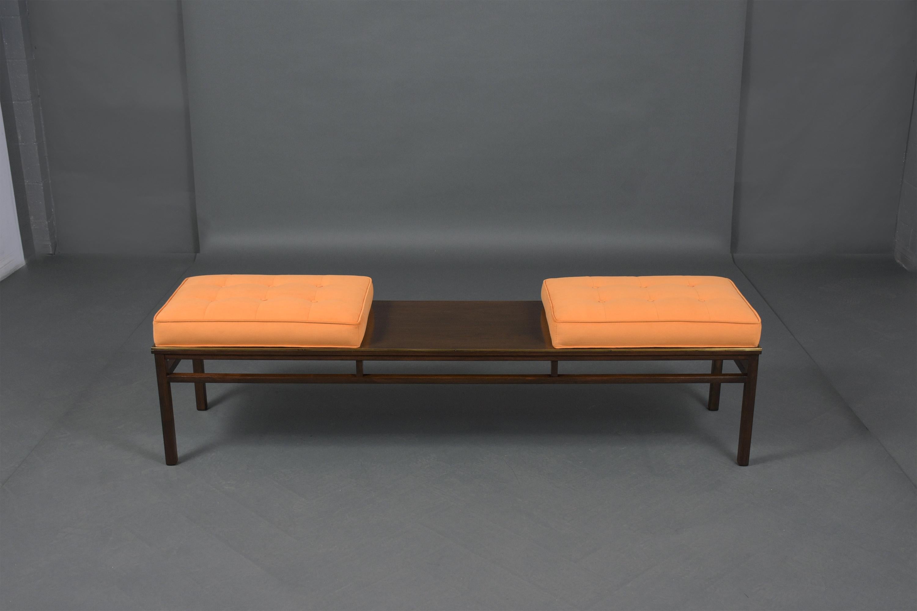 This extraordinary mid-century modern 1960s two double seated bench is in great condition and is beautifully crafted out of walnut wood and has been fully restored refinished and upholstered by our professional team of expert craftsmen. This