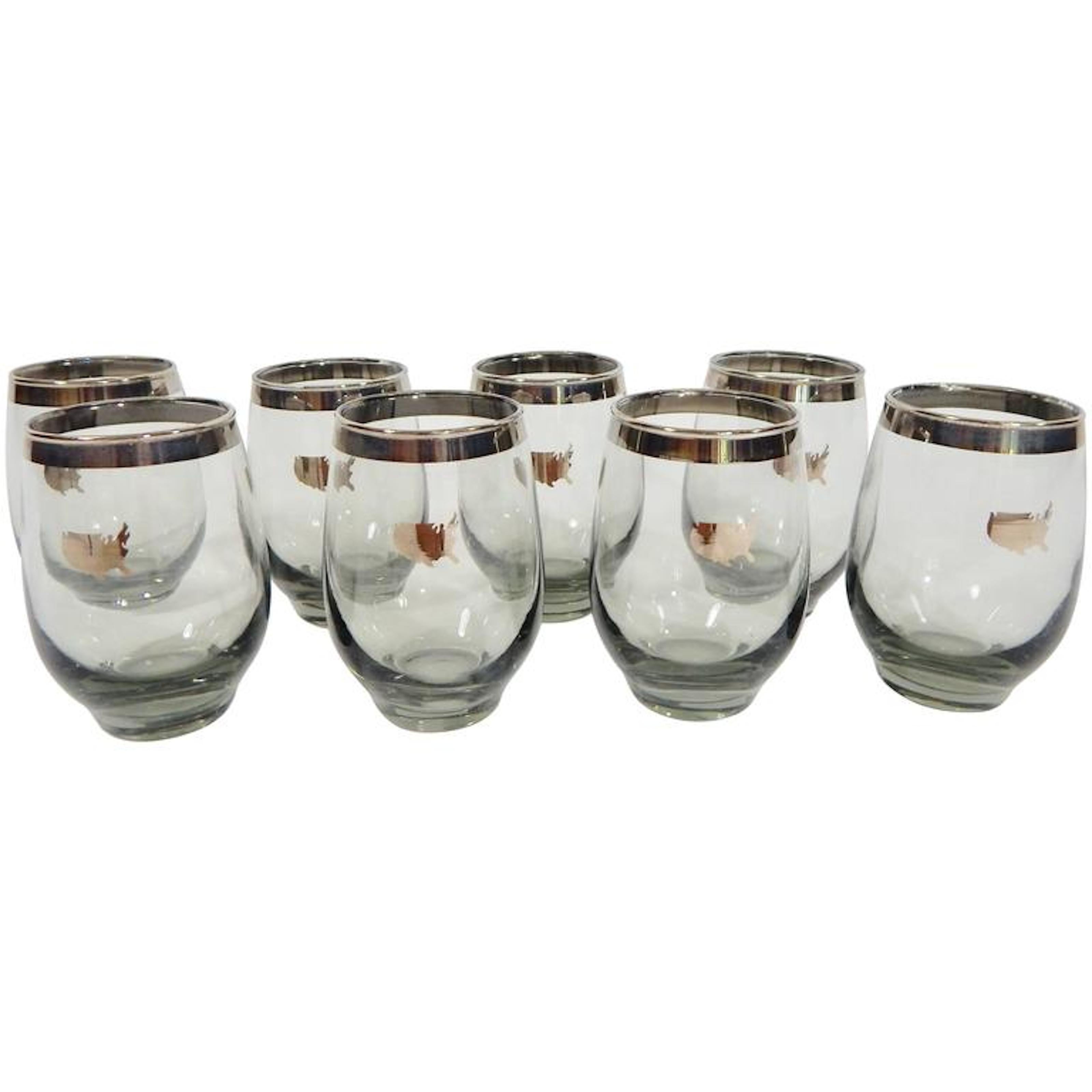 Mid-Century set of eight glasses with United States of America Symbol. Silver accents in the style f Dorothy Thorpe.