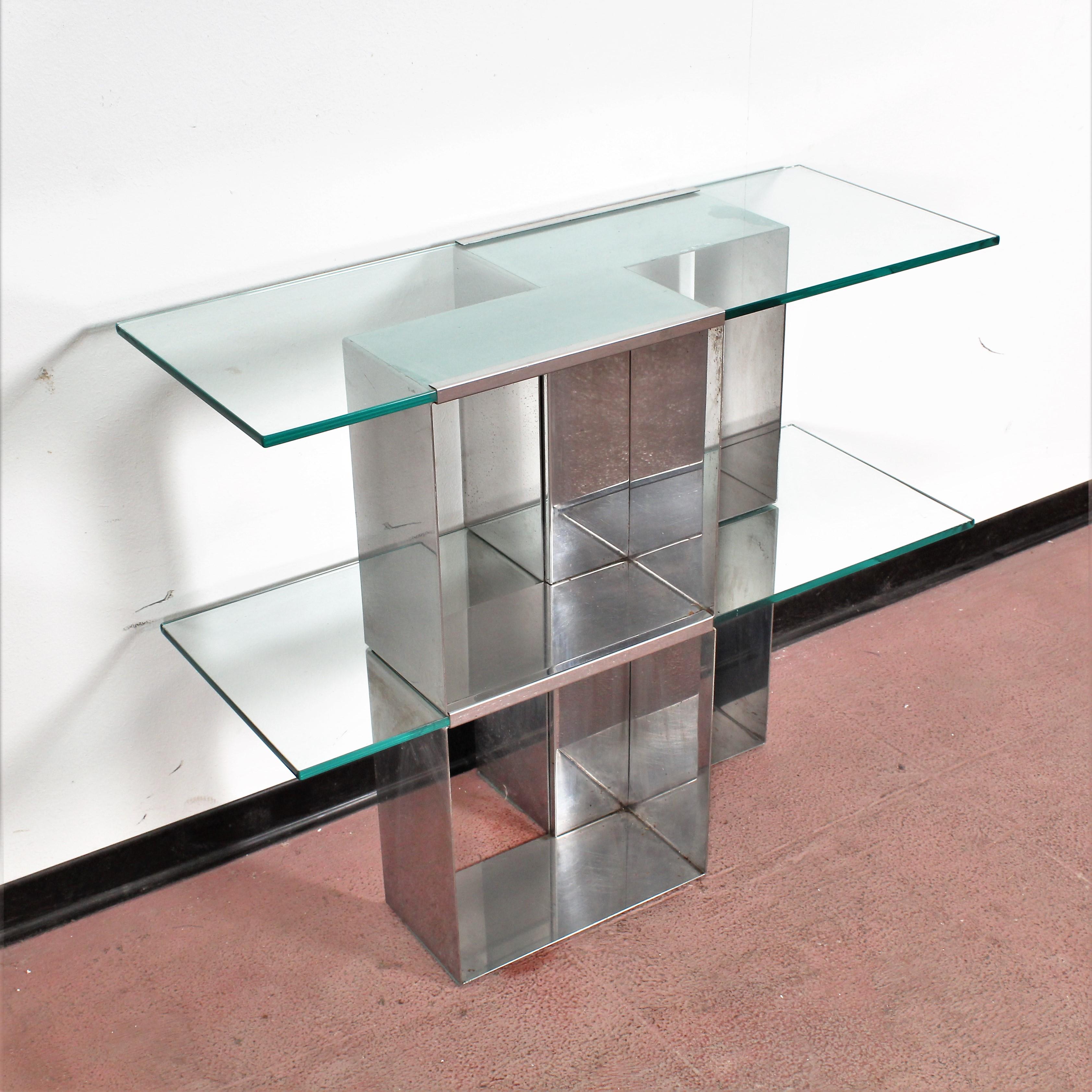 Midcentury V. Introini 'Attributed' Steel and Glass Console and Mirror, Italy (Edelstahl)