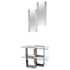 Midcentury V. Introini 'Attributed' Steel and Glass Console and Mirror, Italy