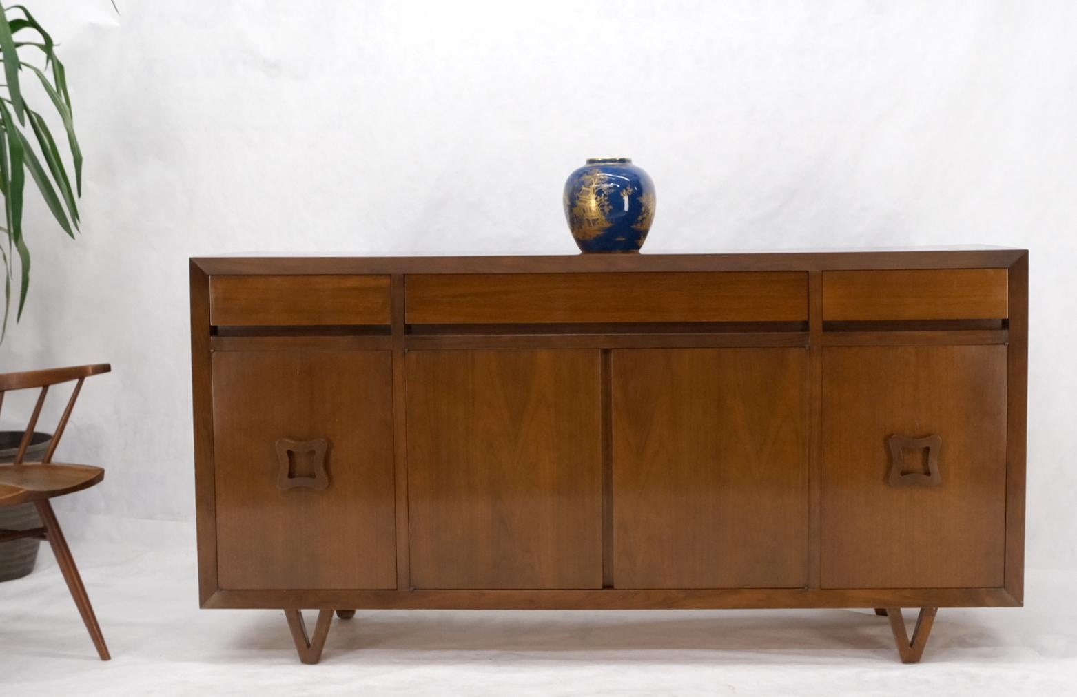 Mid Century V Shape Leg 4 Doors Compartments 3 Drawer Credenza Buffet Cabinet For Sale 4