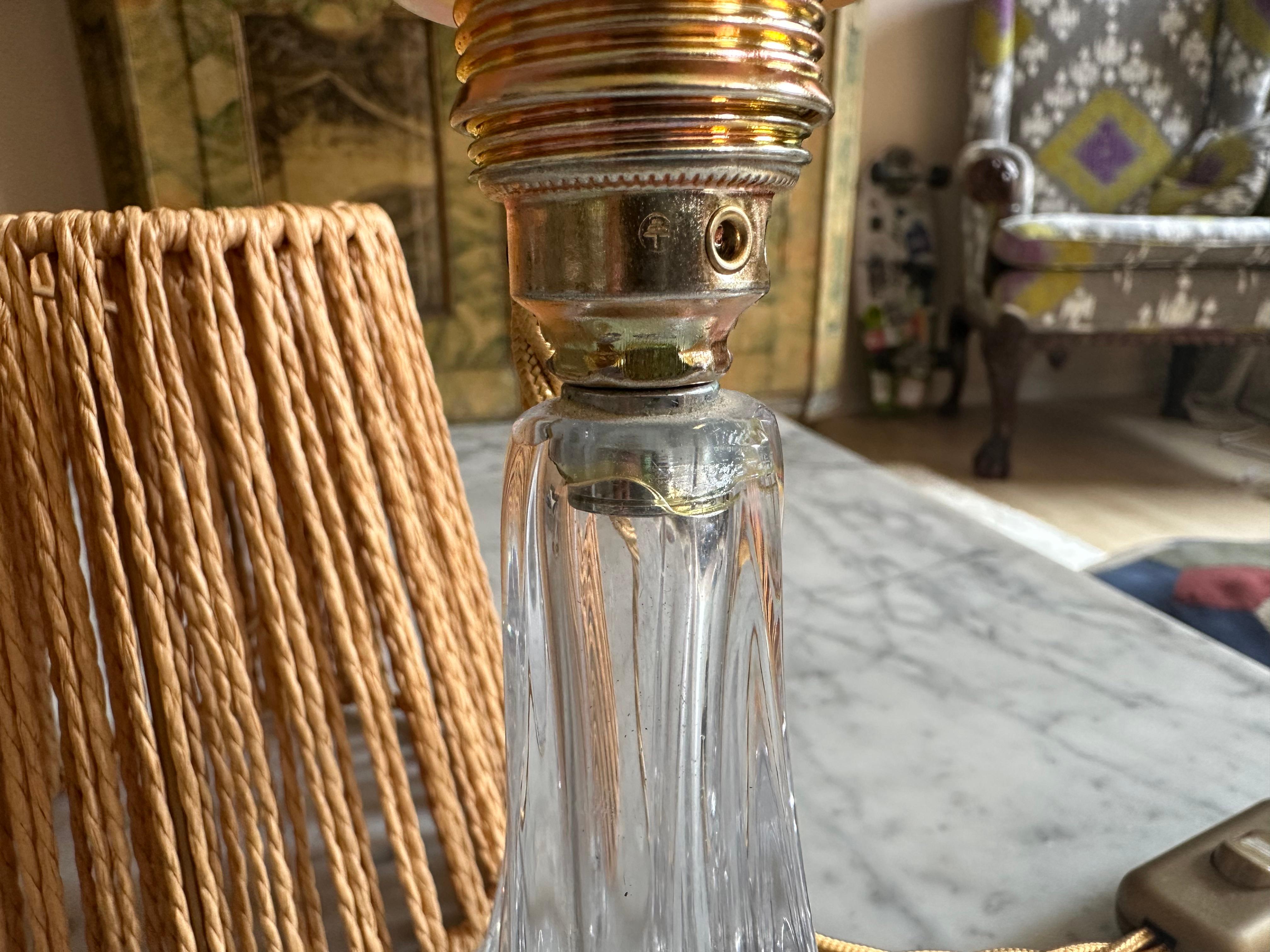 Glass Mid-Century Val Saint Lambert Table Lamp with Boho Shade, Belgium, 1950s For Sale