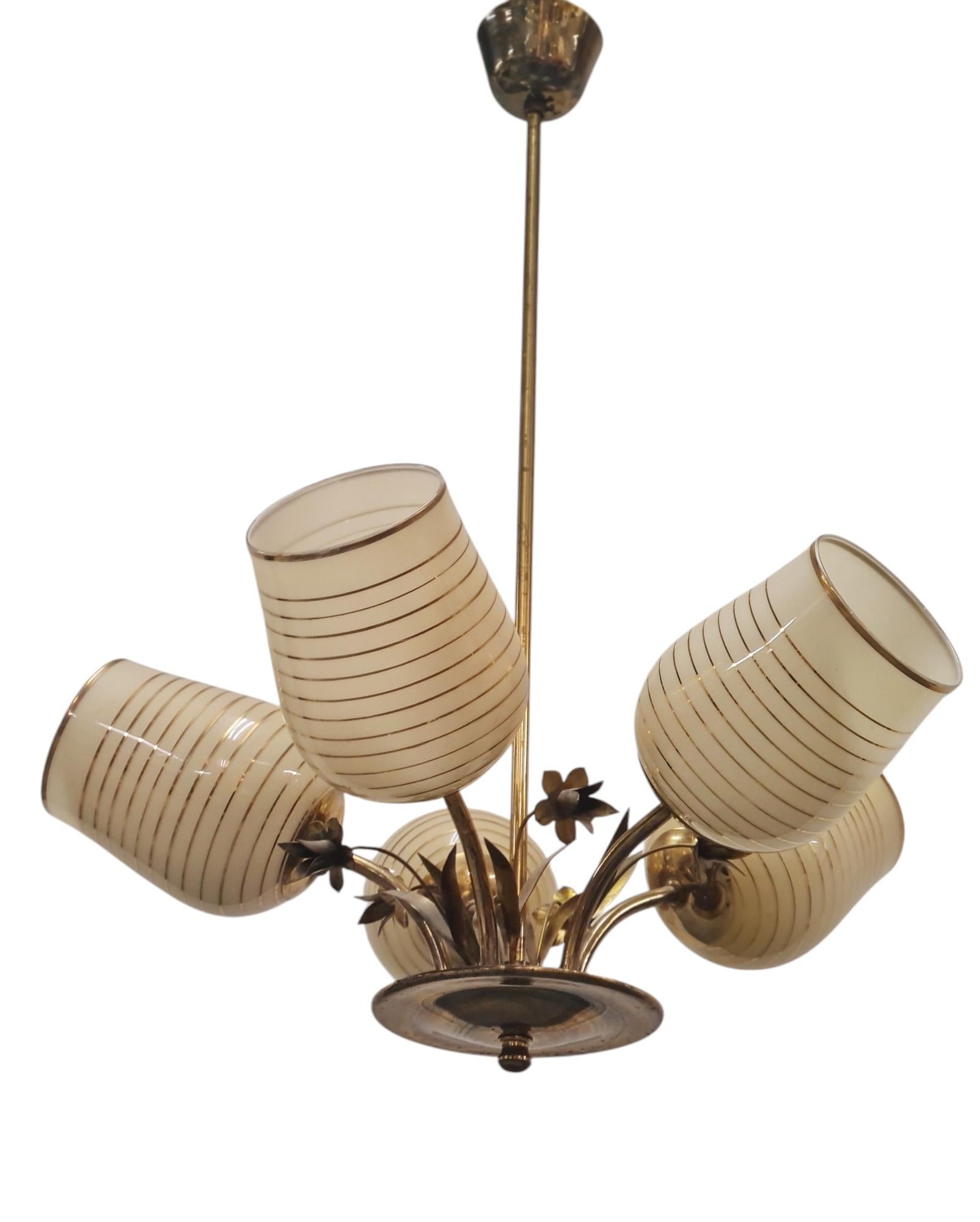 Mid-Century Modern Mid-Century Valinte Ceiling Lamp Model 2530/5 in Brass and Glass, Finland 1950s For Sale