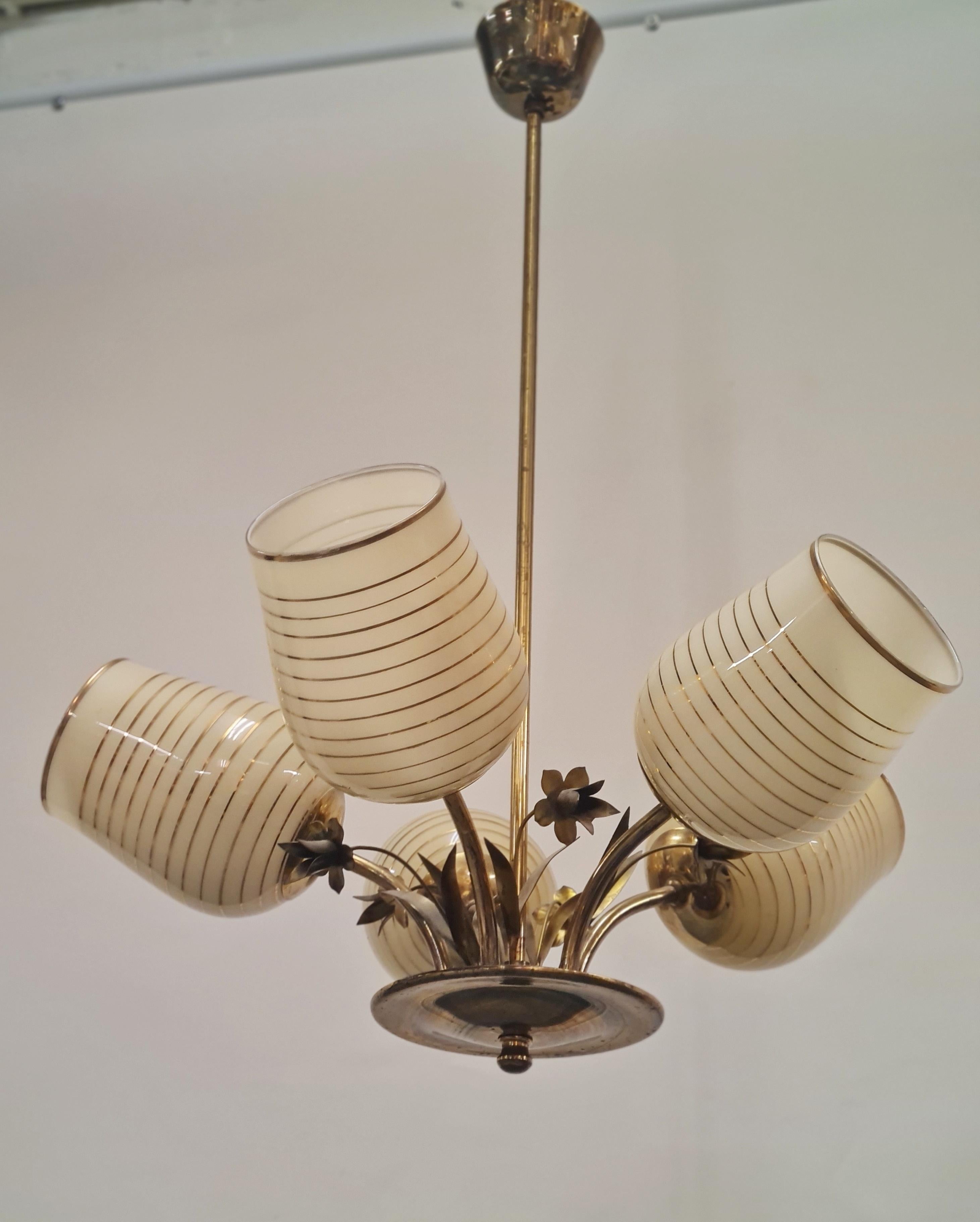 Mid-20th Century Mid-Century Valinte Ceiling Lamp Model 2530/5 in Brass and Glass, Finland 1950s For Sale