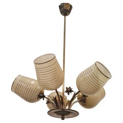 Mid-Century Valinte Ceiling Lamp Model 2530/5 in Brass and Glass, Finland 1950s