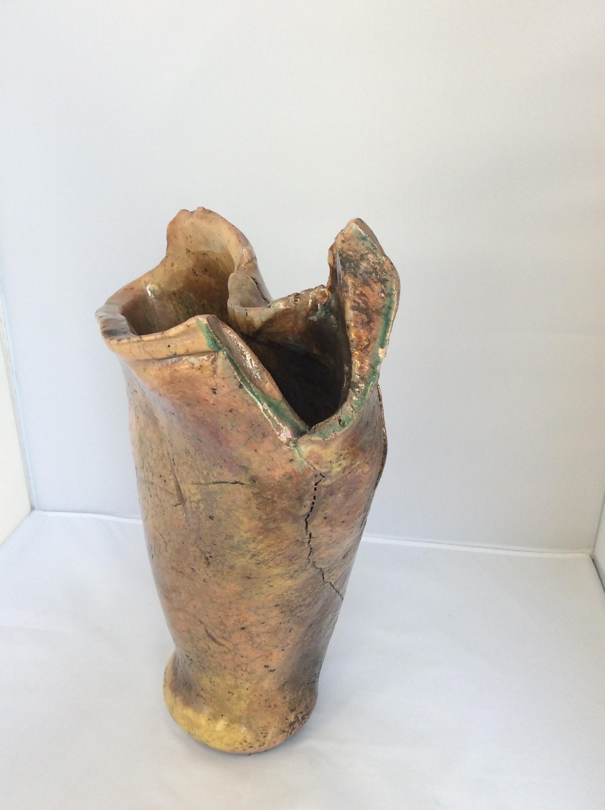 French Midcentury Sculpted Stoneware Vase, Neutral Brown In Good Condition For Sale In Miami, FL