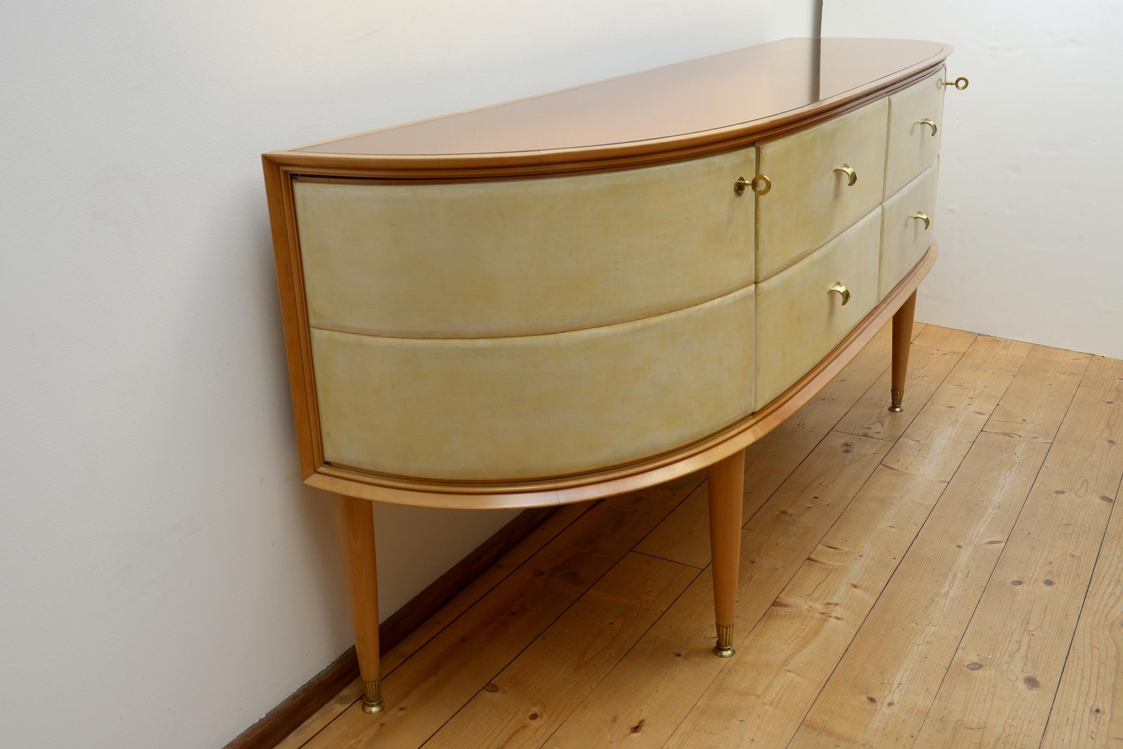 Italian Midcentury Valzania Curved Chest or Sideboard Encased Peach-Colored Mirror Top For Sale