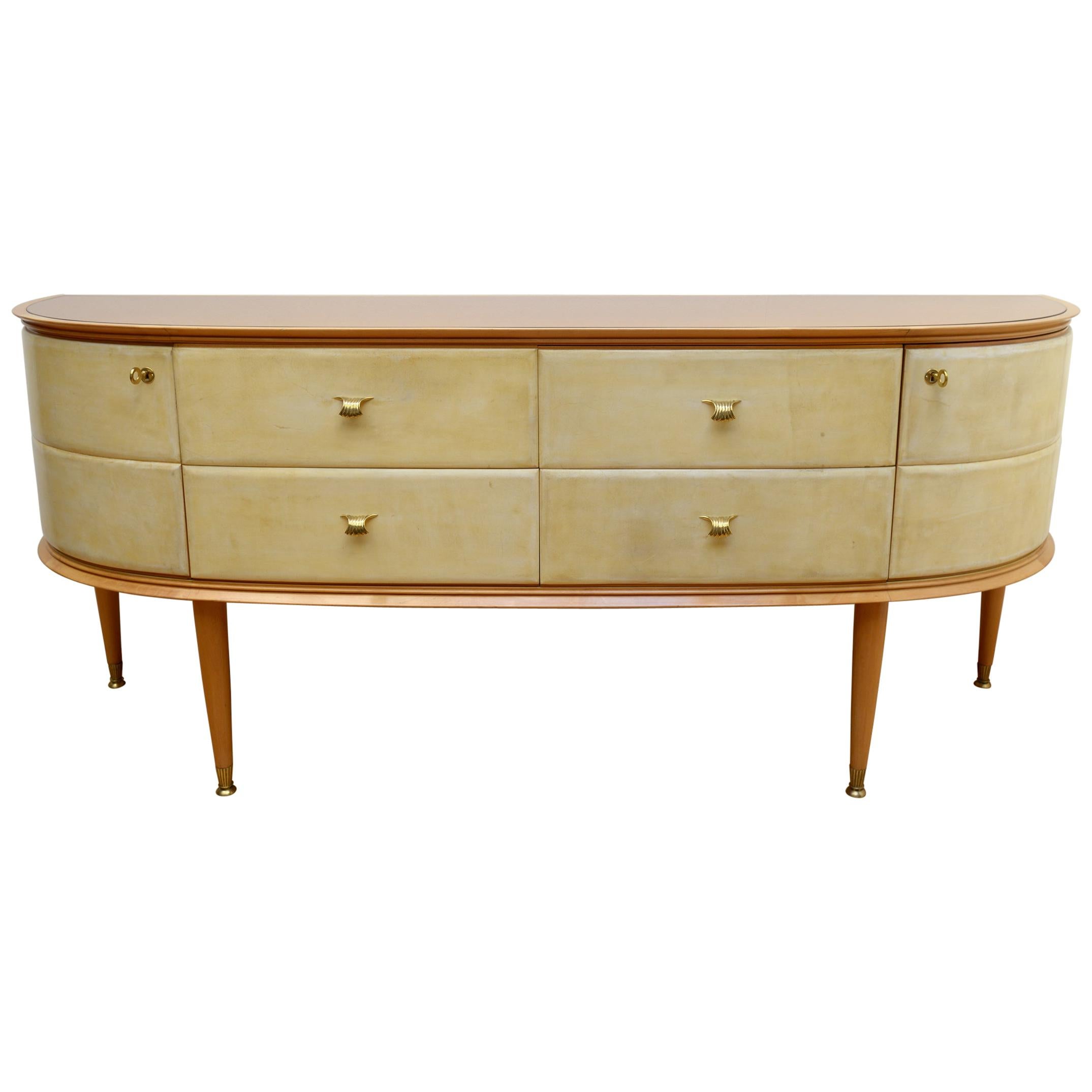 Midcentury Valzania Curved Chest or Sideboard Encased Peach-Colored Mirror Top For Sale