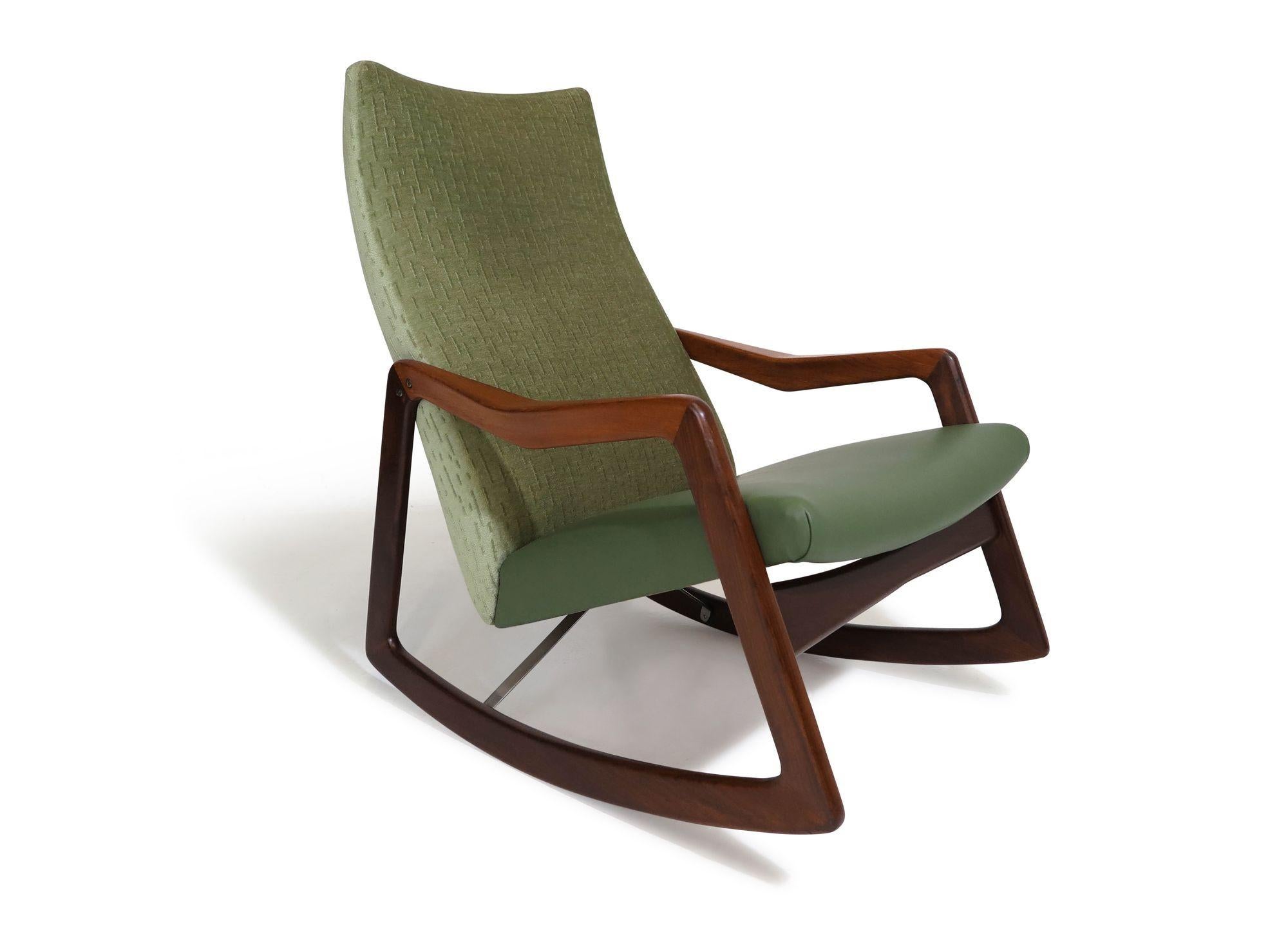 Vamo Sonderborg Danish rocking chair handcrafted of a sculpted solid teak frame with steel cross stretcher, upholstered in the original green mohair fabric and leather seat. The wood frame has been professionally restored in a natural oil finish.