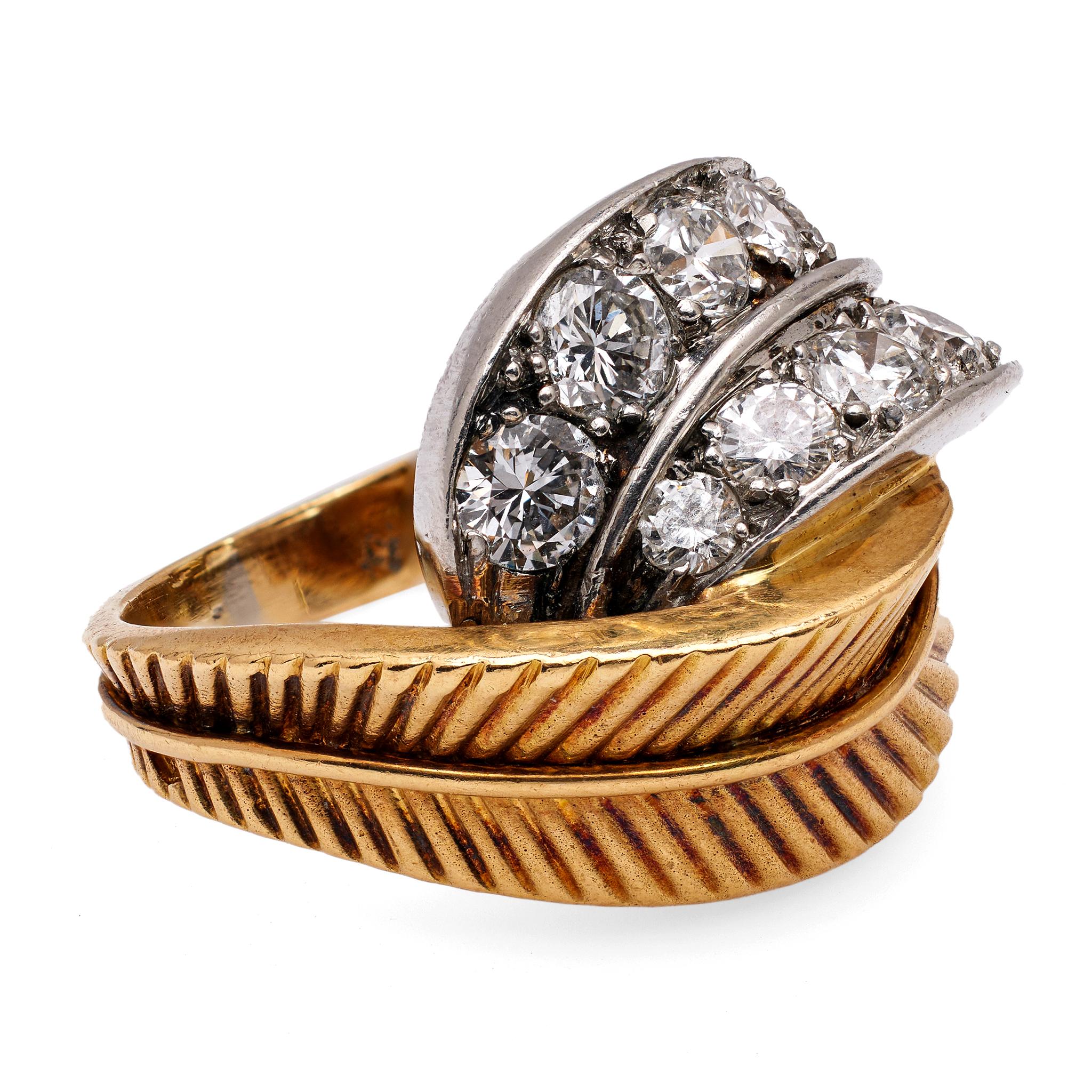  Van Cleef & Arpels, bague plumes du milieu du siècle dernier en or jaune 18 carats et platine avec diamants Unisexe 