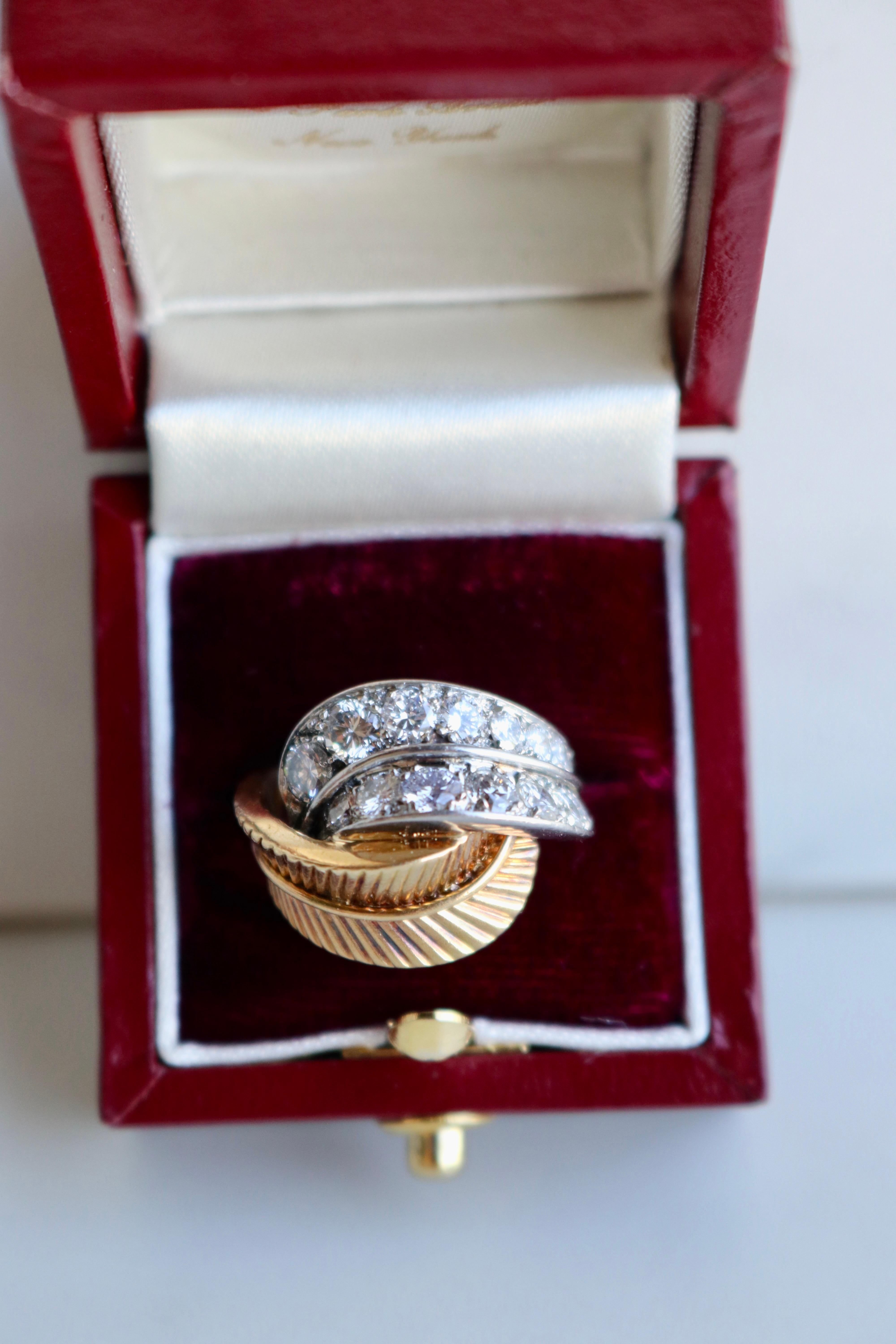 Van Cleef & Arpels, bague plumes du milieu du siècle dernier en or jaune 18 carats et platine avec diamants 1
