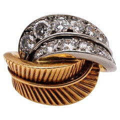 Mid Century Van Cleef & Arpels Diamond 18k Yellow Gold Platinum Feather Ring