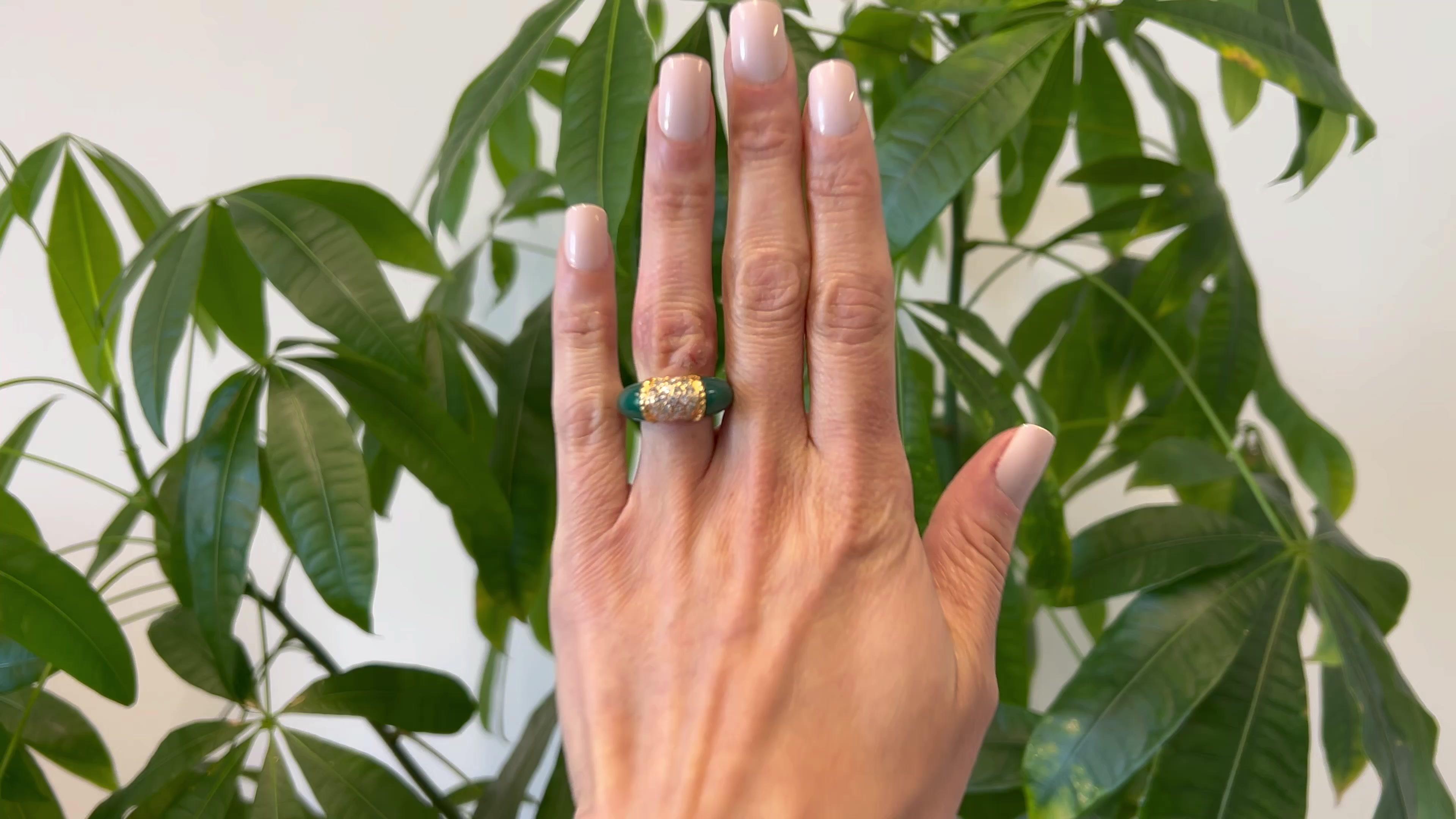 One Mid Century Van Cleef & Arpels Diamond & Chrysoprase 18k Yellow Gold Philippene Ring. Featuring 27 single cut diamonds with a total weight of approximately 0.50 carat, graded D-E color, VVS clarity. Accented by two pieces of chrysoprase. Crafted