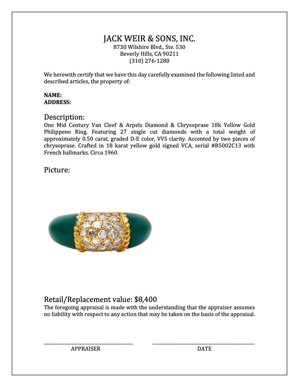 Women's or Men's Mid Century Van Cleef & Arpels Diamond & Chrysoprase 18k Yellow Gold Philippene