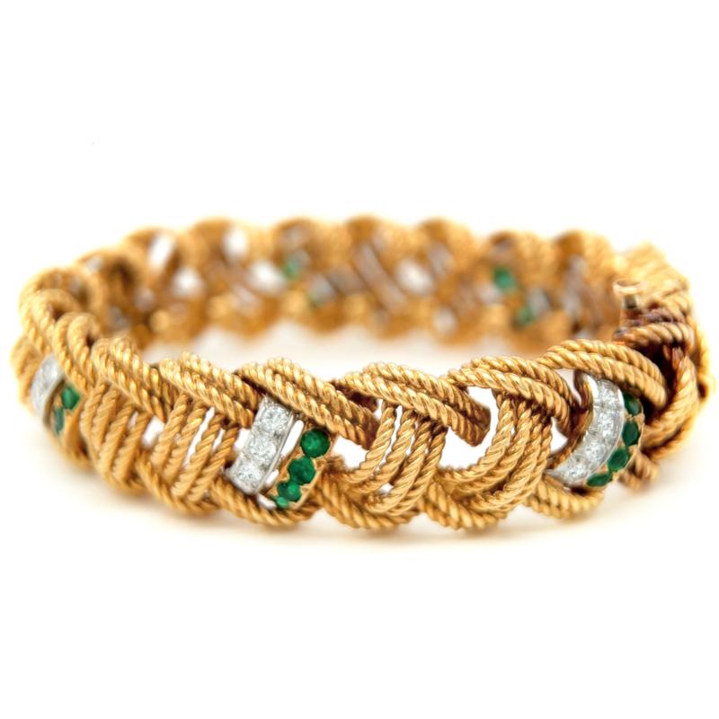 Mid Century Van Cleef & Arpels Diamond Emerald 18k Yellow Gold Rope Bracelet In Excellent Condition In Beverly Hills, CA