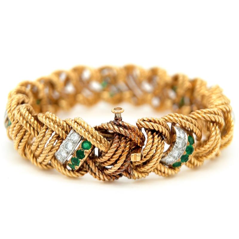 Women's or Men's Mid Century Van Cleef & Arpels Diamond Emerald 18k Yellow Gold Rope Bracelet