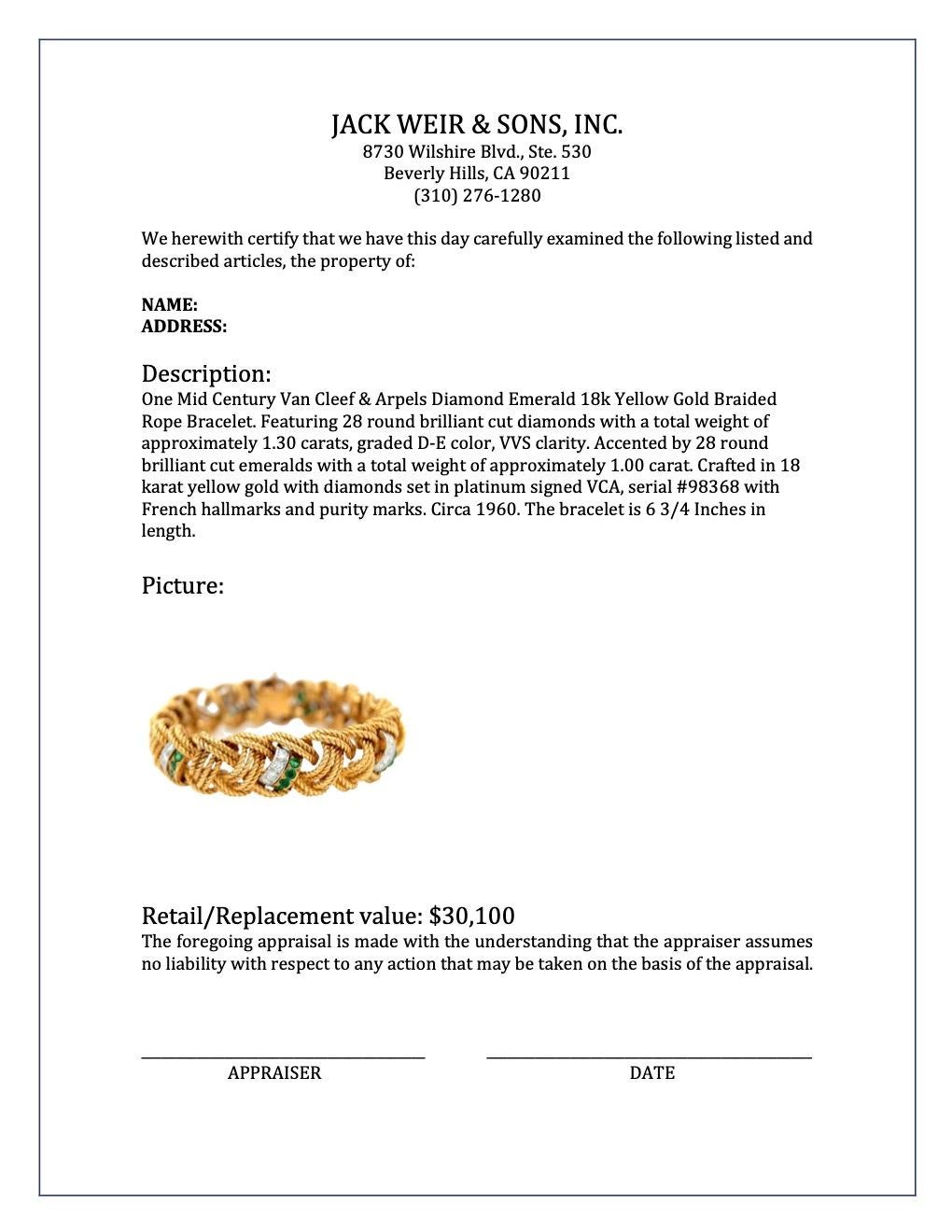 Mid Century Van Cleef & Arpels Diamond Emerald 18k Yellow Gold Rope Bracelet 1