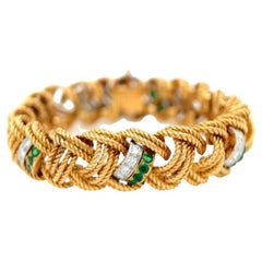 Mid Century Van Cleef & Arpels Diamond Emerald 18k Yellow Gold Rope Bracelet