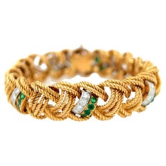 Vintage Mid Century Van Cleef & Arpels Diamond Emerald 18k Yellow Gold Rope Bracelet